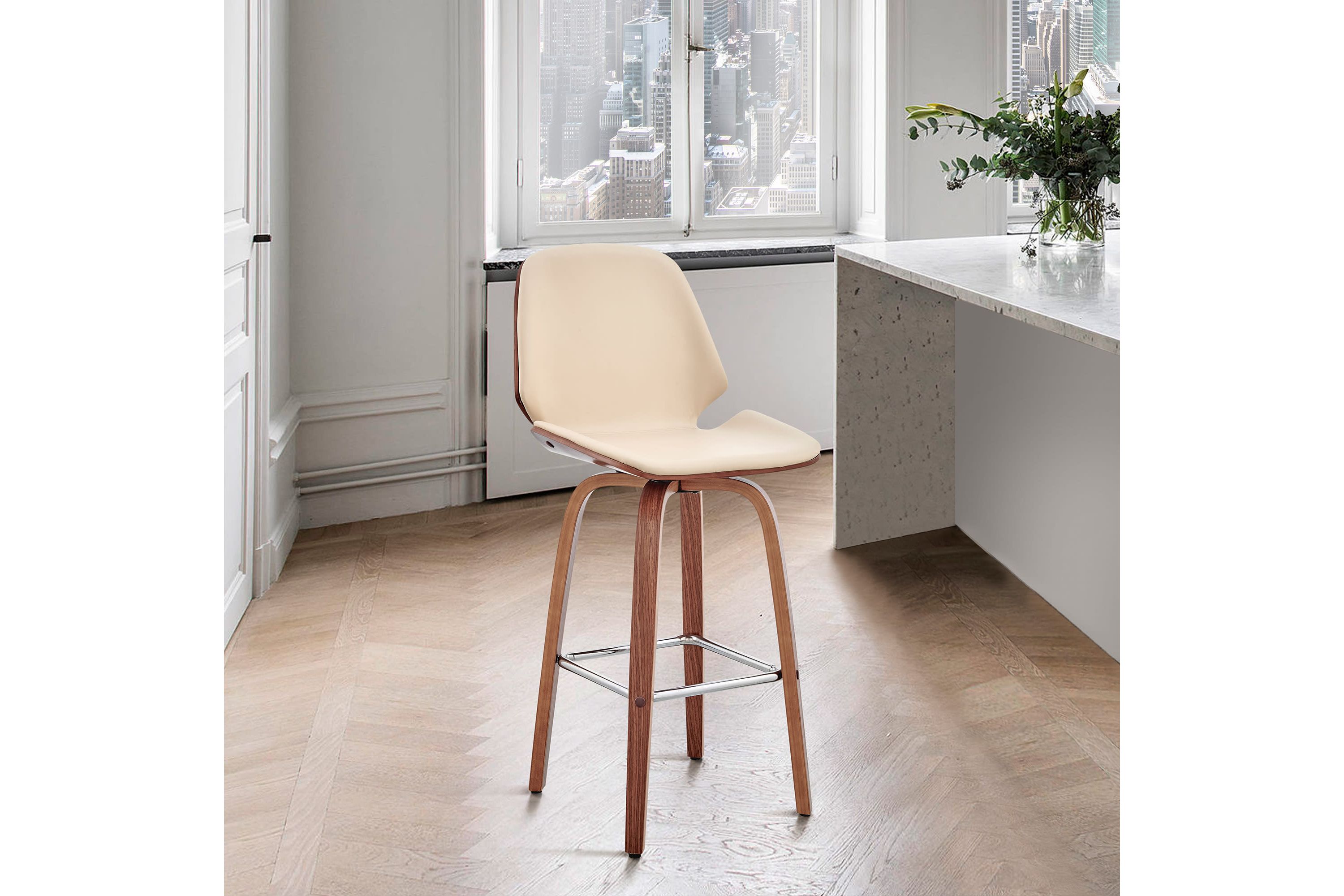 Arabela 26" Cream Faux Leather and Walnut Wood Swivel Bar Stool