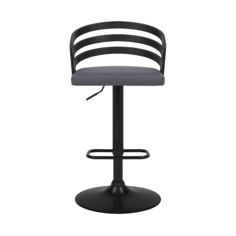 Adele Adjustable Height Swivel Grey Faux Leather and Black Wood Bar Stool with Black Base