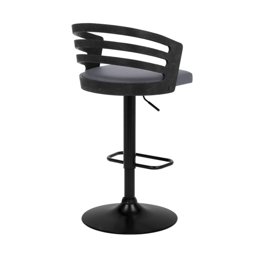Adele Adjustable Height Swivel Grey Faux Leather and Black Wood Bar Stool with Black Base