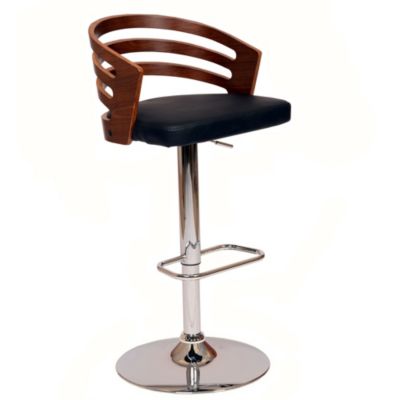 Armen Living Adele Adjustable Height Swivel Black Faux Leather and Walnut Wood Bar Stool with Chrome Base