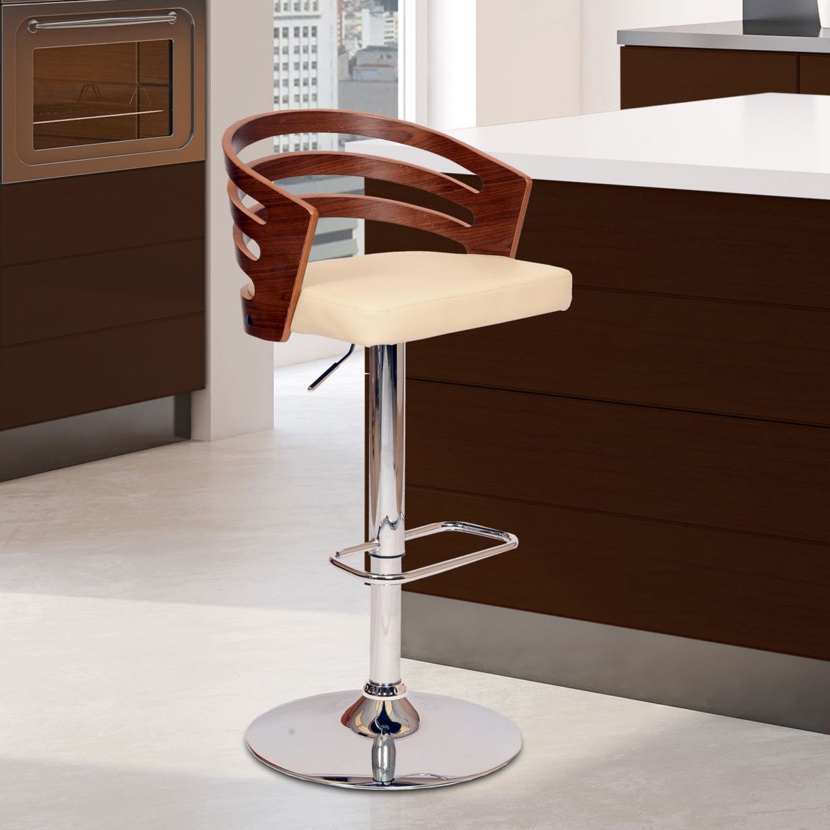 Adele Adjustable Height Swivel Cream Faux Leather and Walnut Wood Bar Stool with Chrome Base