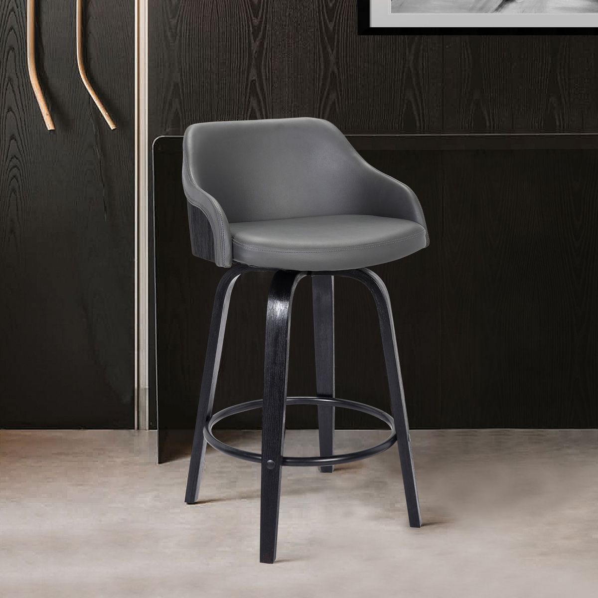 Alec 30" Bar Height Swivel Grey Faux Leather and Black Wood Bar Stool