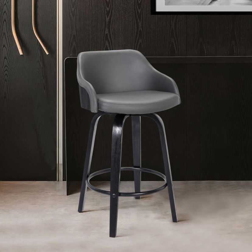Alec 30" Bar Height Swivel Grey Faux Leather and Black Wood Bar Stool