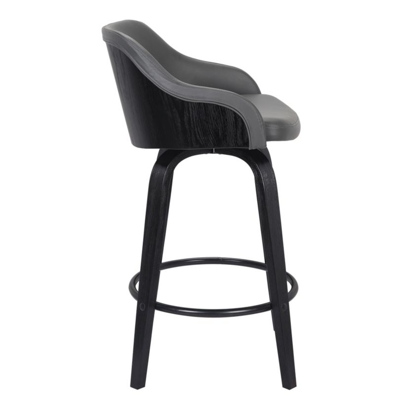 Alec 30" Bar Height Swivel Grey Faux Leather and Black Wood Bar Stool