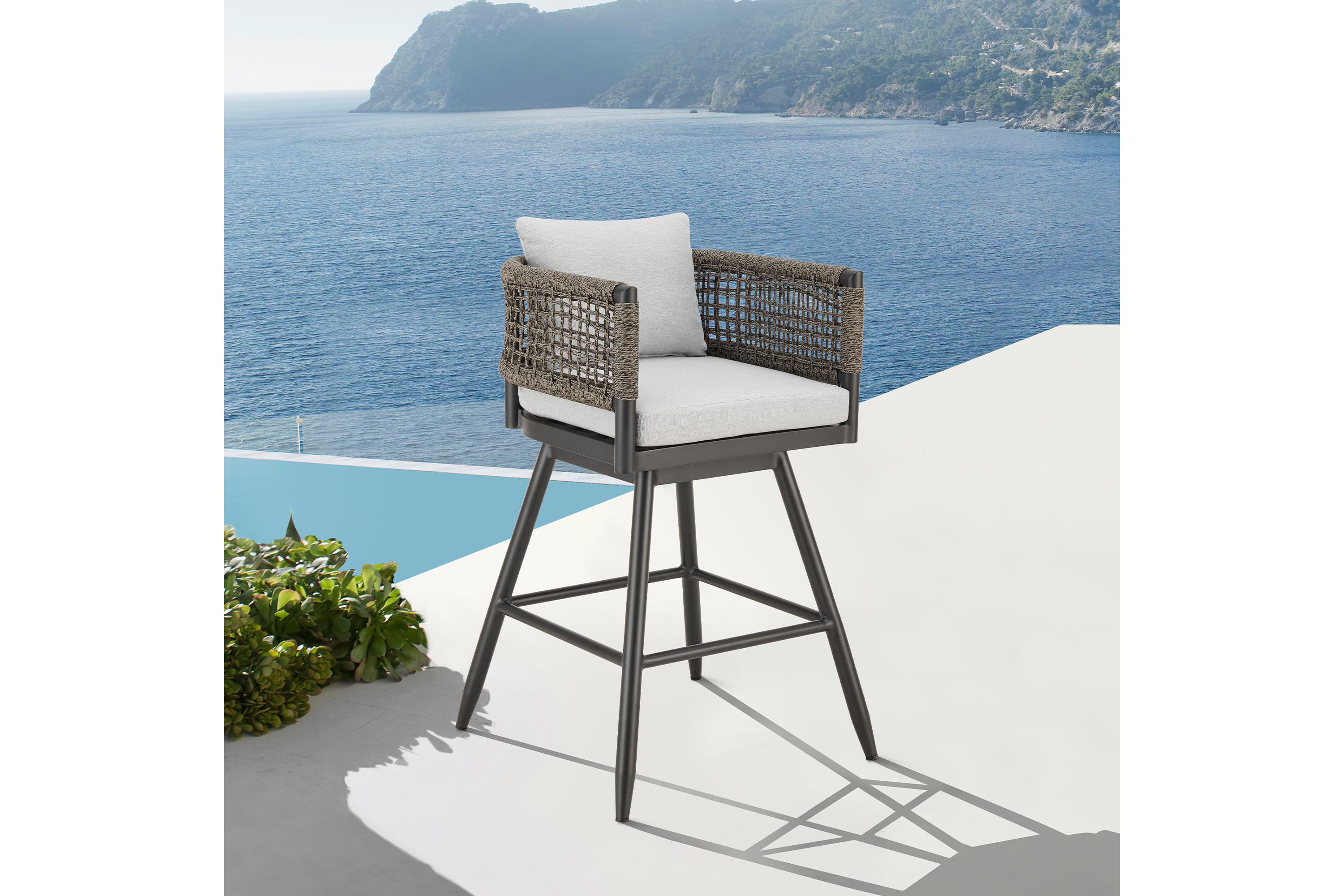 Alegria Outdoor Patio Swivel Bar Stool Light Gray Cushions