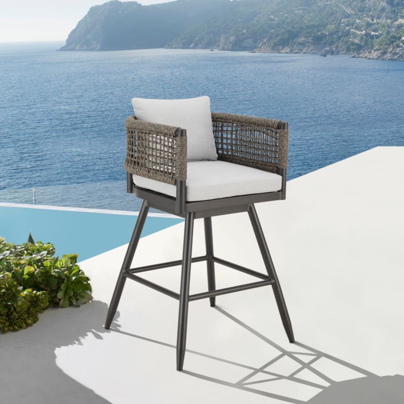 Alegria Outdoor Patio Swivel Bar Stool Light Gray Cushions