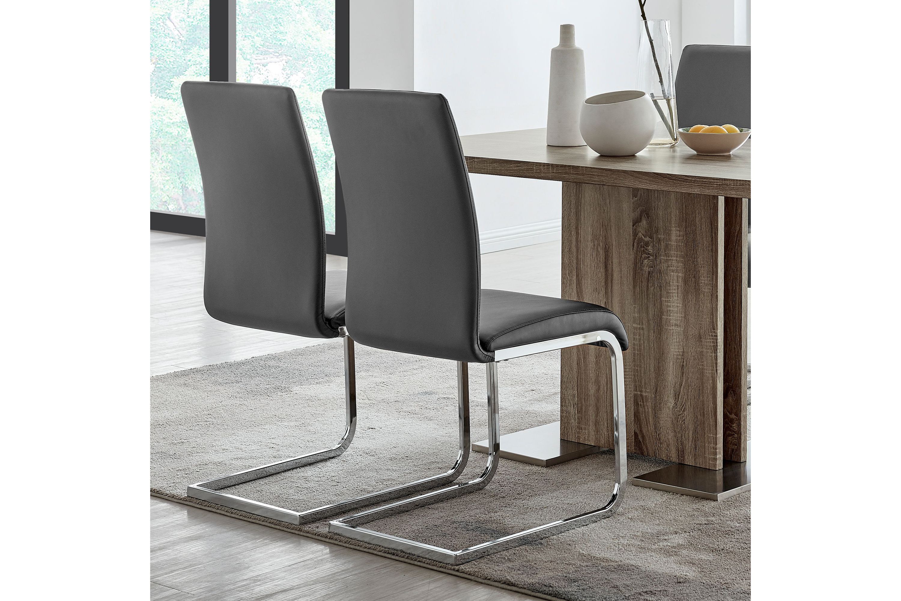 Amanda Contemporary Side Chair in Gray Faux Leather and Chrome Finish - Set of 2