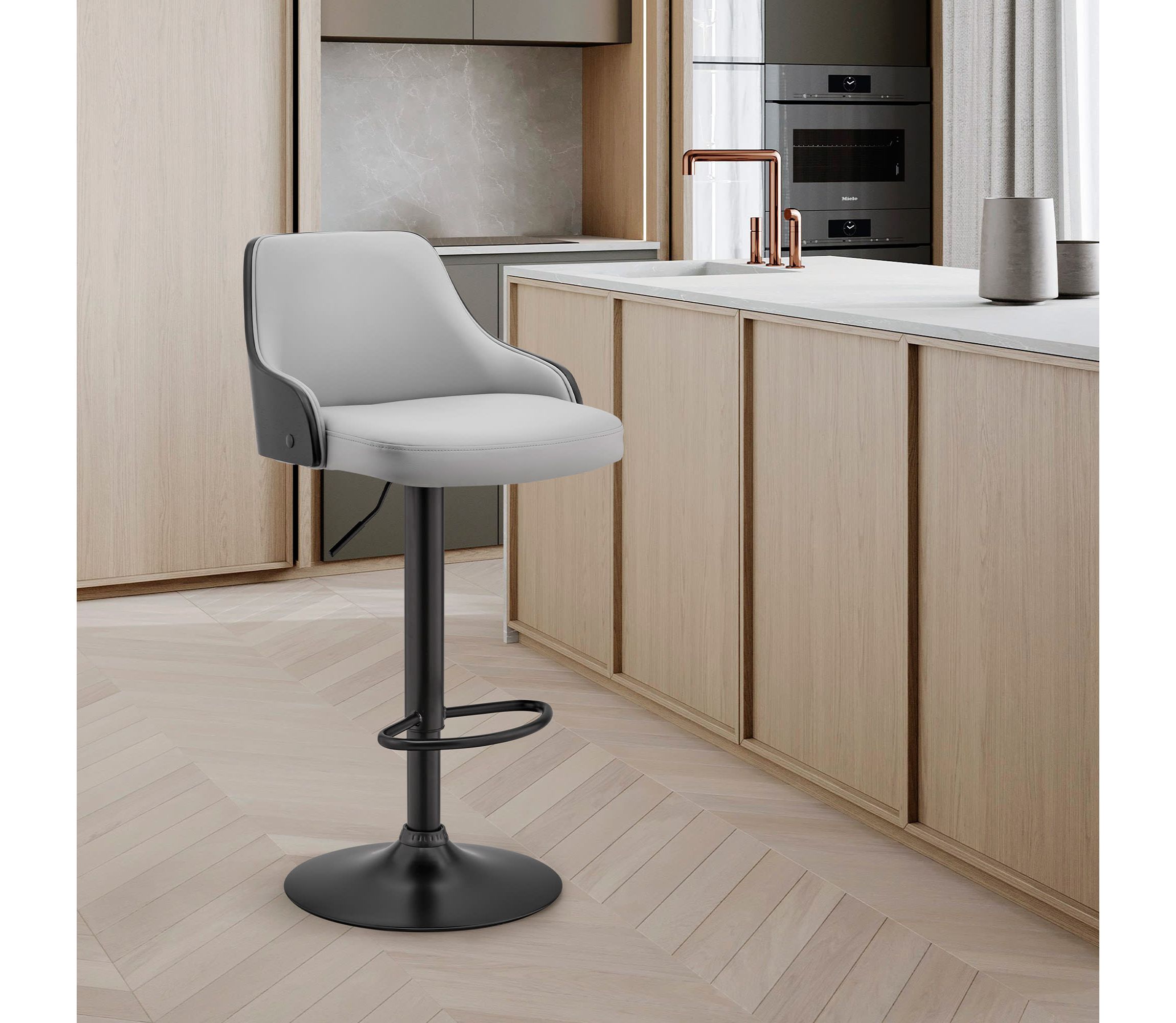 Asher Adjustable Gray Faux Leather and Black Finish Bar Stool