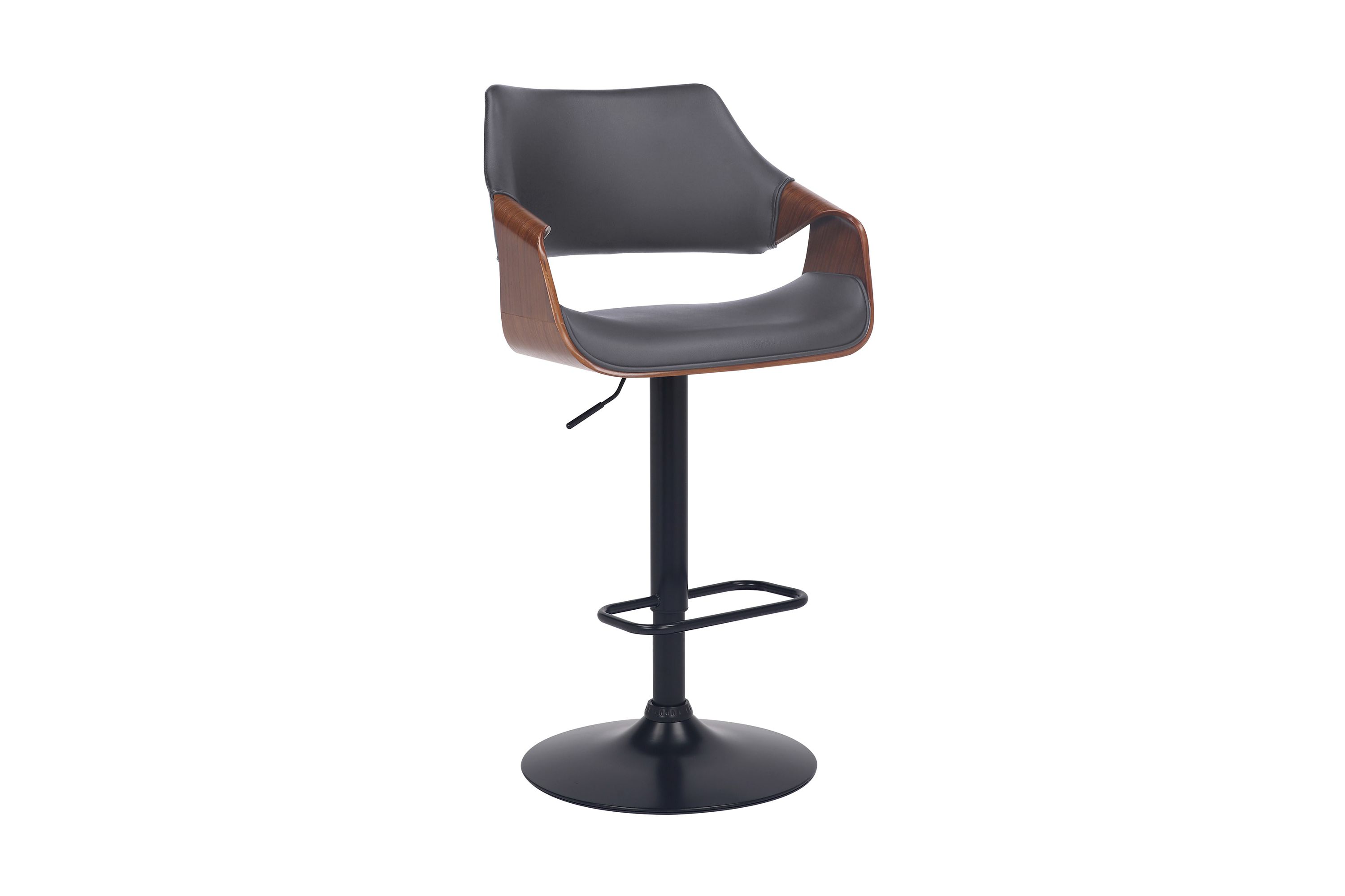 Aspen Adjustable Swivel Gray Faux Leather and Walnut Wood Bar Stool with Black Base