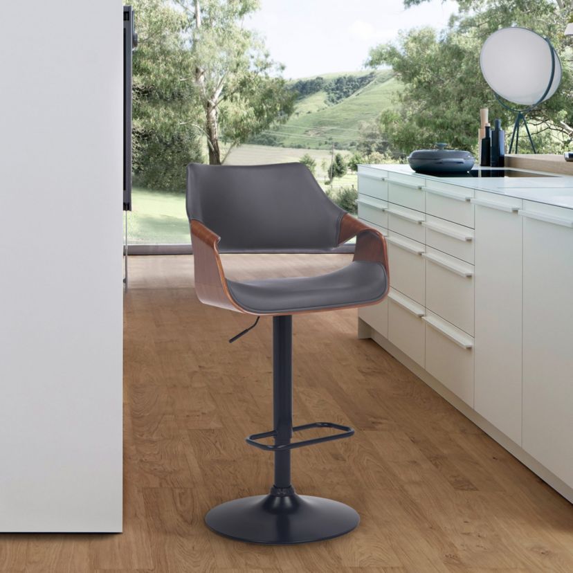 Aspen Adjustable Swivel Gray Faux Leather and Walnut Wood Bar Stool with Black Base
