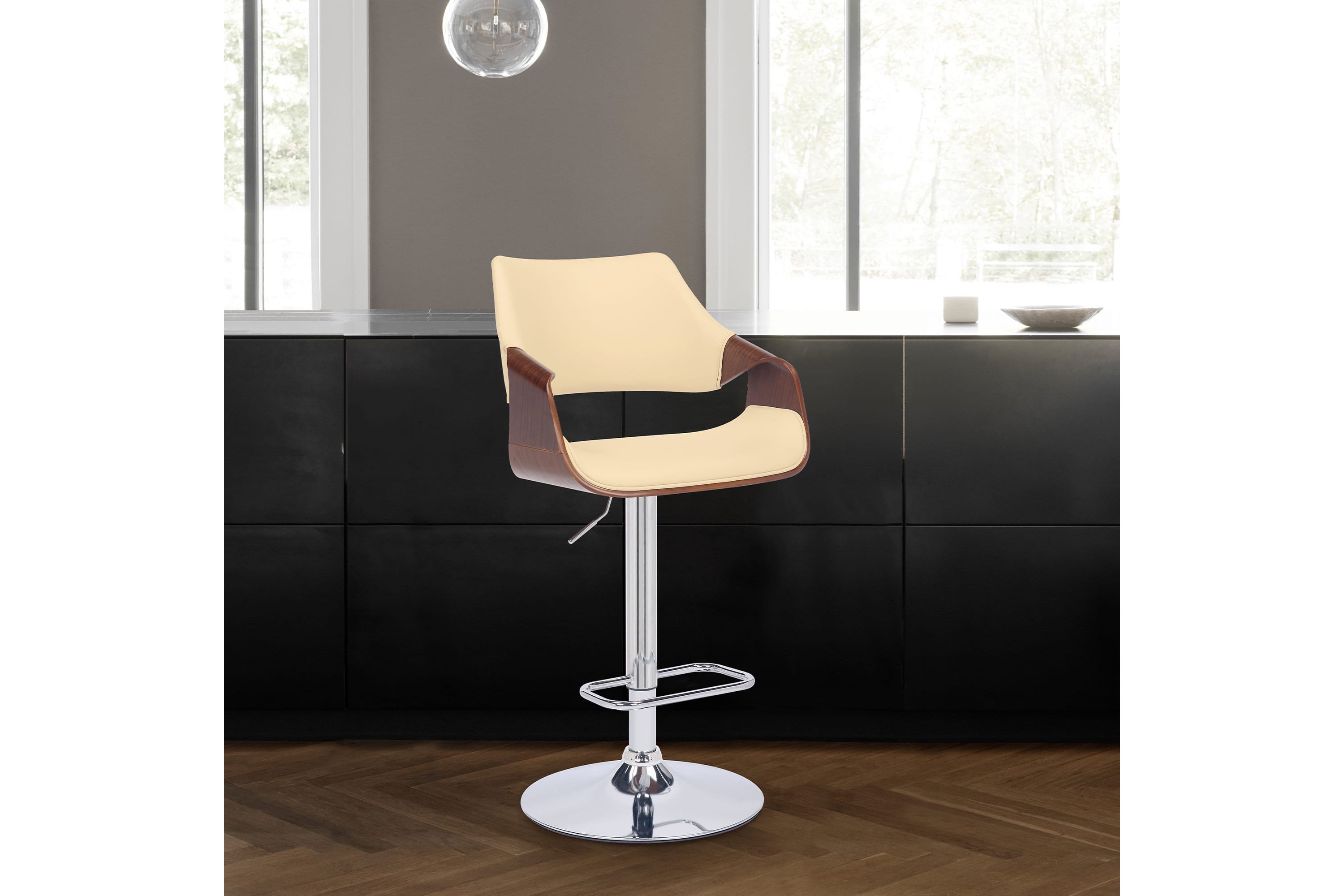 Aspen Adjustable Swivel Cream Faux Leather and Walnut Wood Bar Stool with Chrome Base