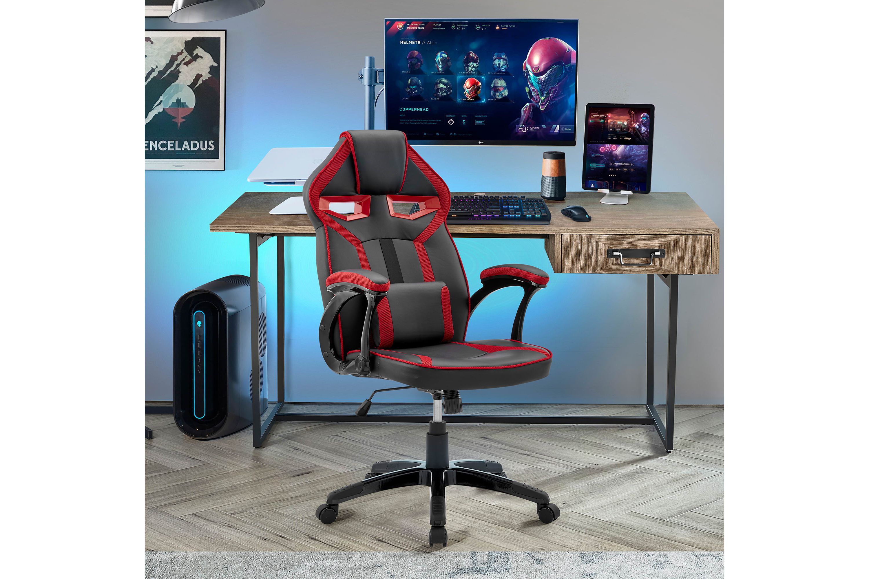 Aspect Adjustable Racing Gaming Chair in Black Faux Leather and Red Mesh with Lumbar Support Pillow