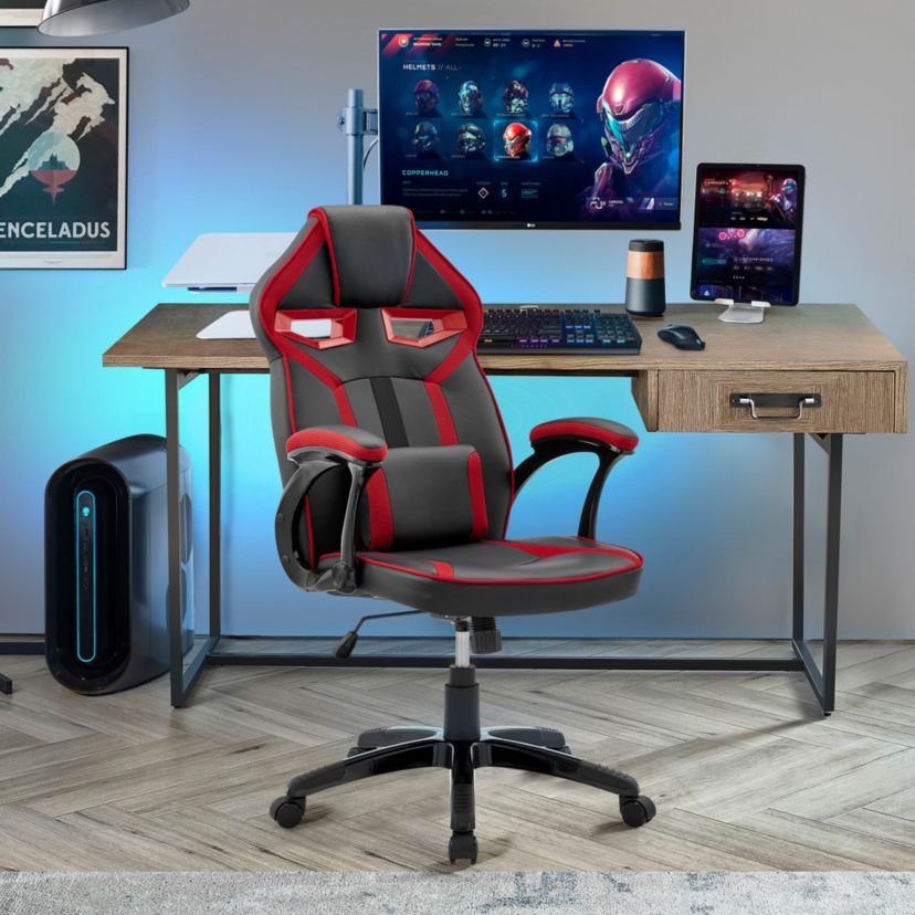 Aspect Adjustable Racing Gaming Chair in Black Faux Leather and Red Mesh with Lumbar Support Pillow