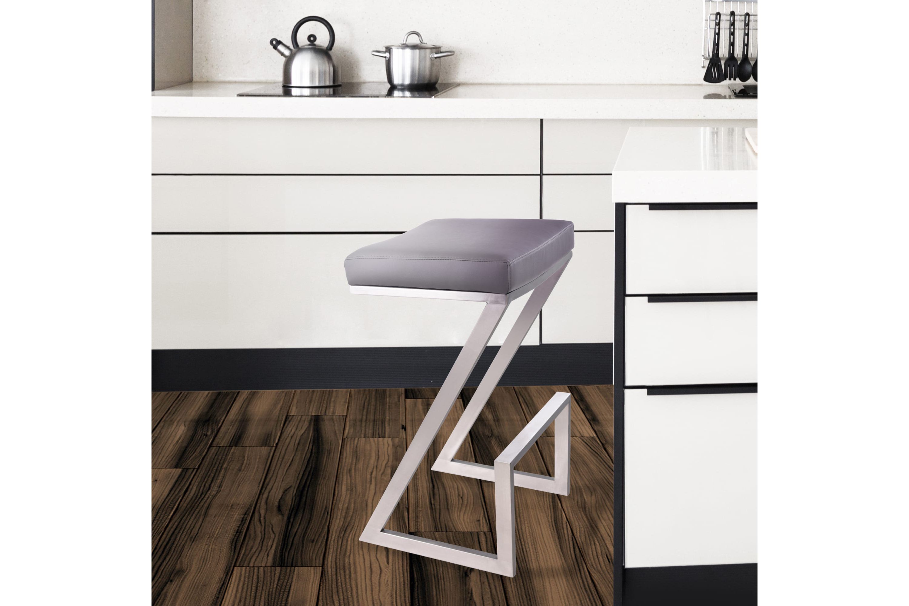 Atlantis 26" Counter Height Backless Gray Faux Leather and Brushed Stainless Steel Bar Stool
