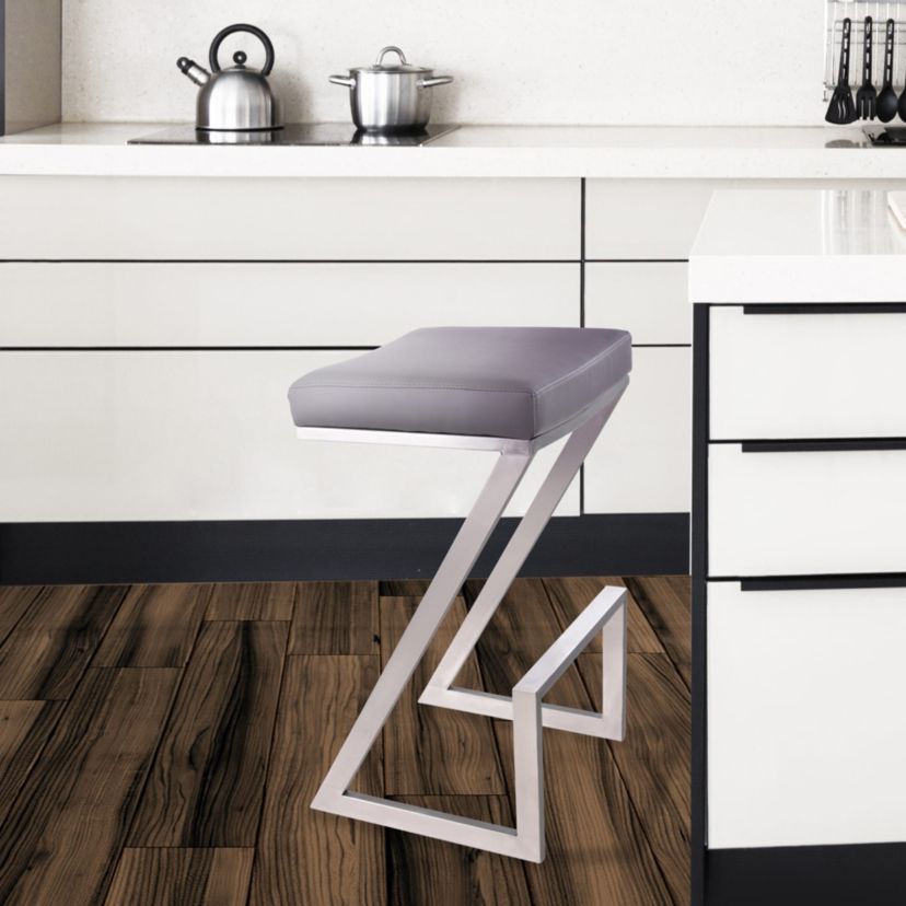 Atlantis 26" Counter Height Backless Gray Faux Leather and Brushed Stainless Steel Bar Stool