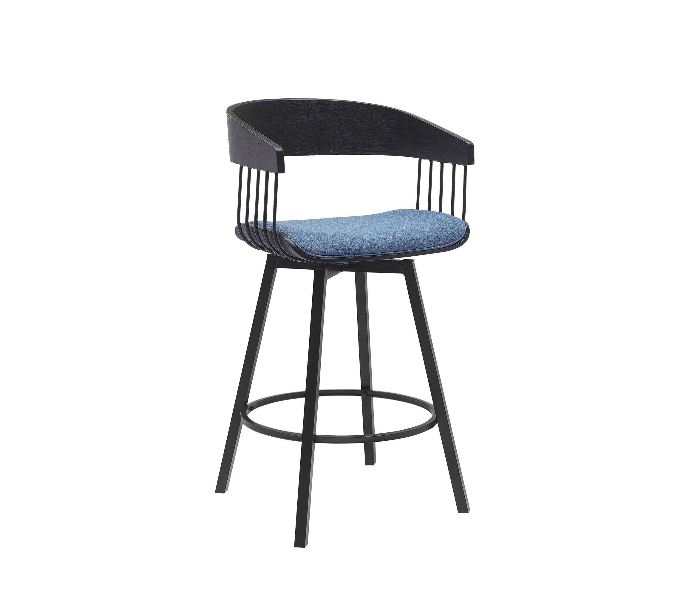 Athena 27" Swivel Black Wood Counter Stool in Blue Fabric with Black Metal