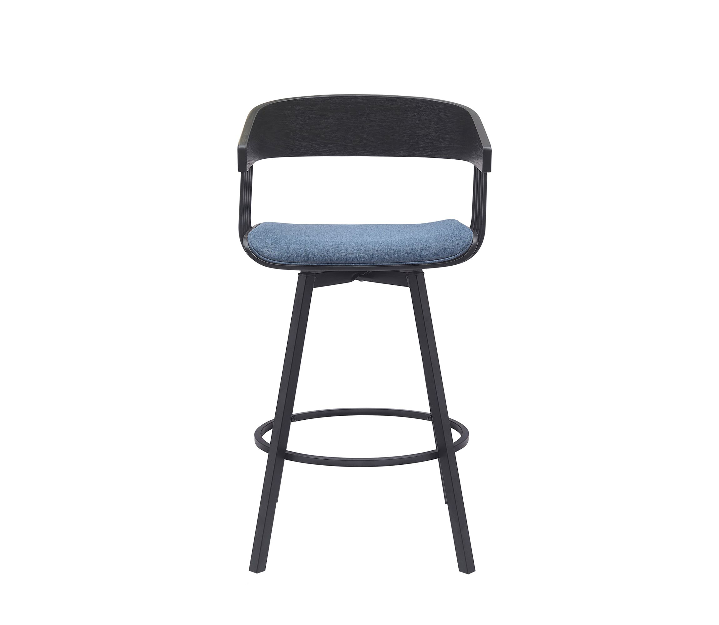Athena 27" Swivel Black Wood Counter Stool in Blue Fabric with Black Metal
