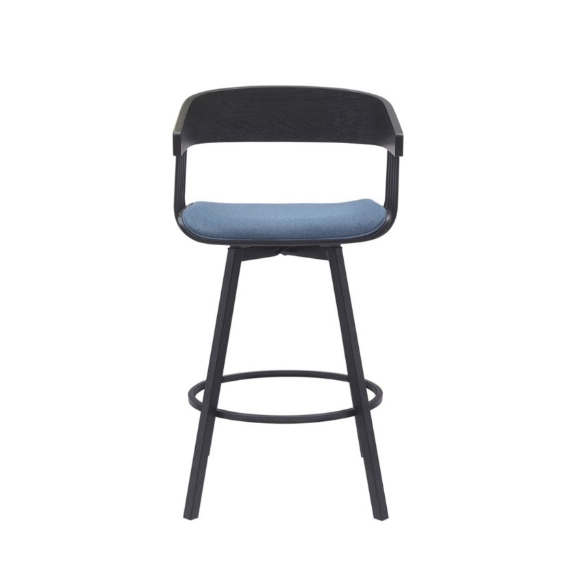 Athena 27" Swivel Black Wood Counter Stool in Blue Fabric with Black Metal