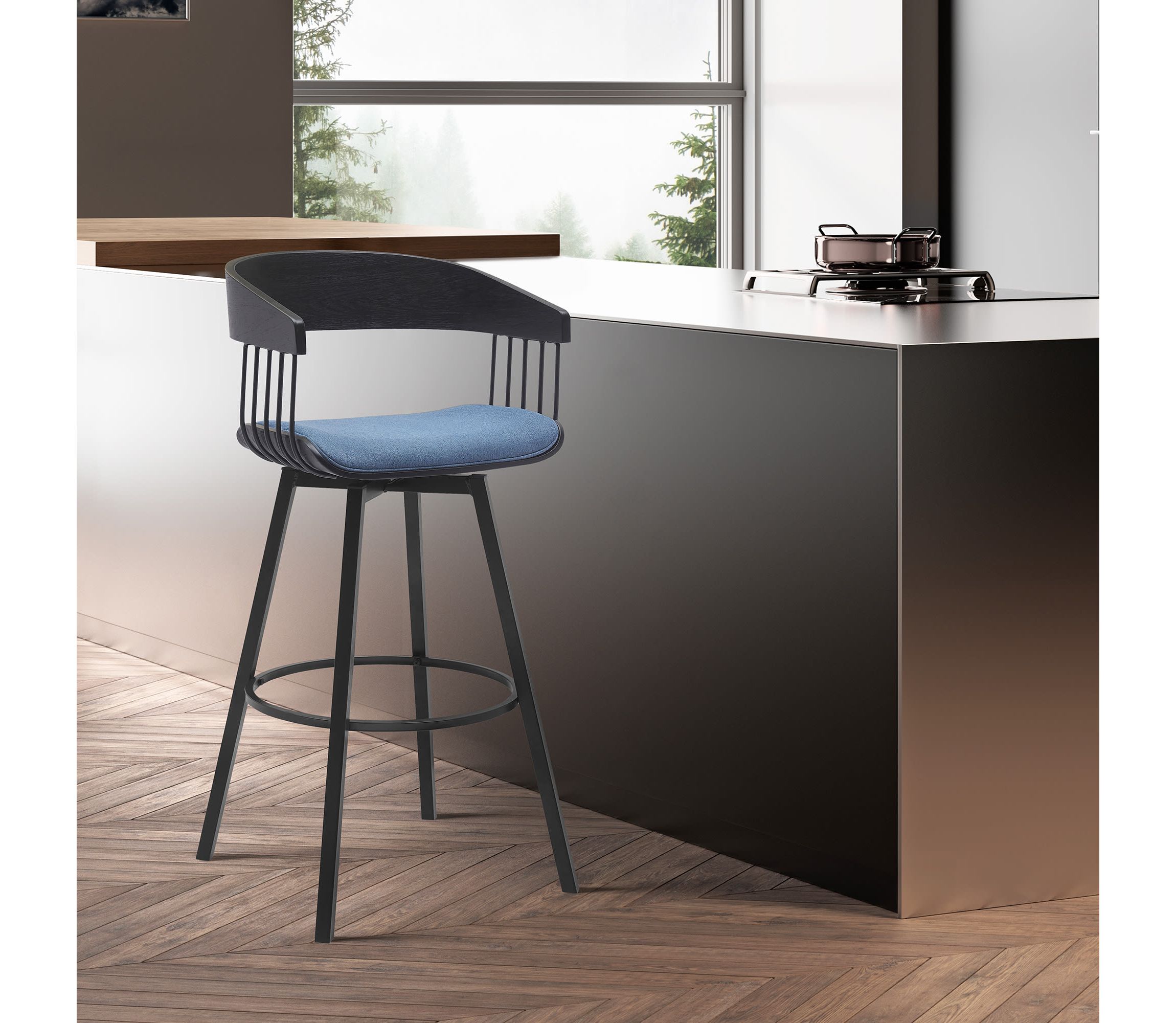Athena 27" Swivel Black Wood Counter Stool in Blue Fabric with Black Metal