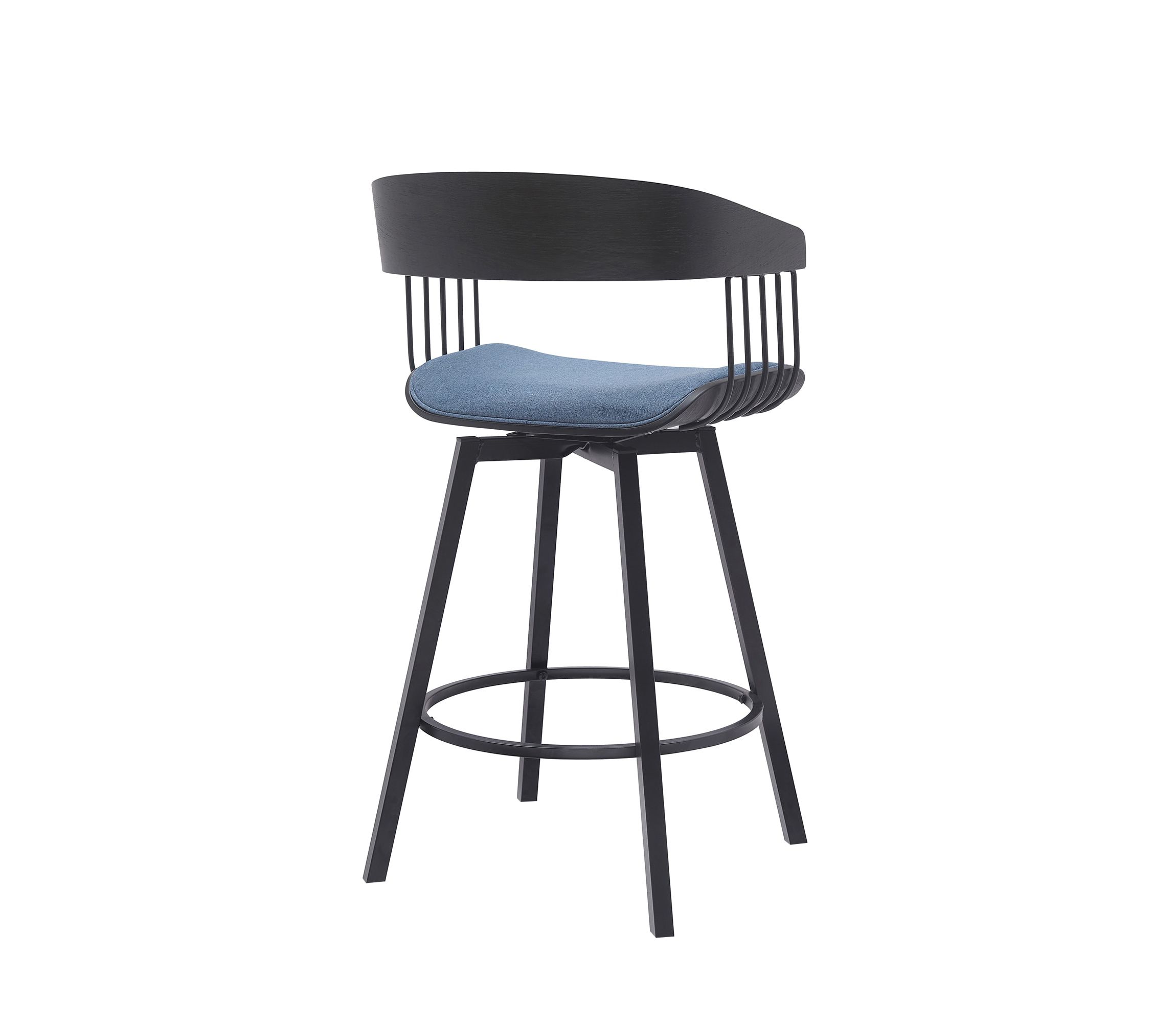 Athena 27" Swivel Black Wood Counter Stool in Blue Fabric with Black Metal