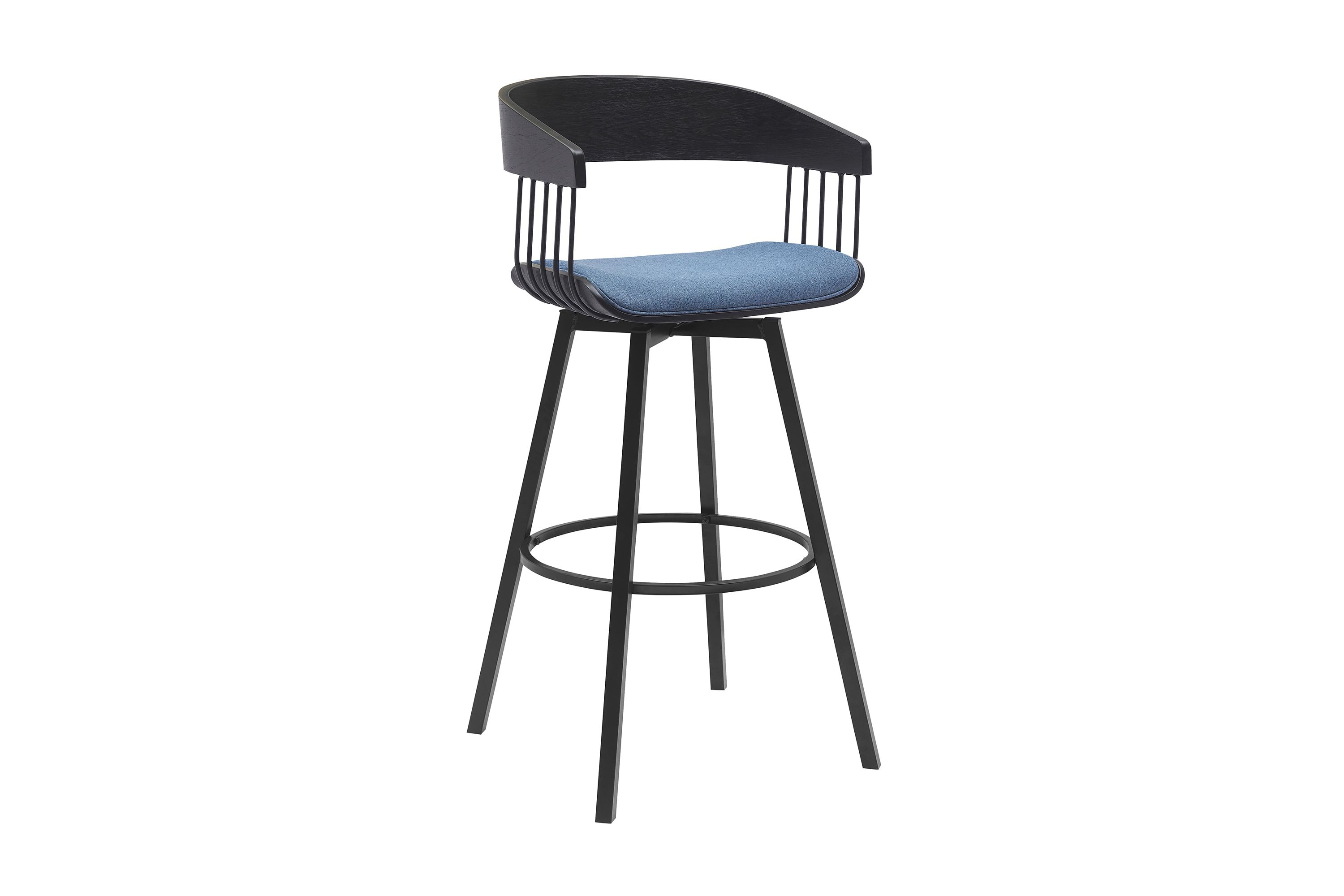 Athena 31" Swivel Black Wood Bar Stool in Blue Fabric with Black Metal