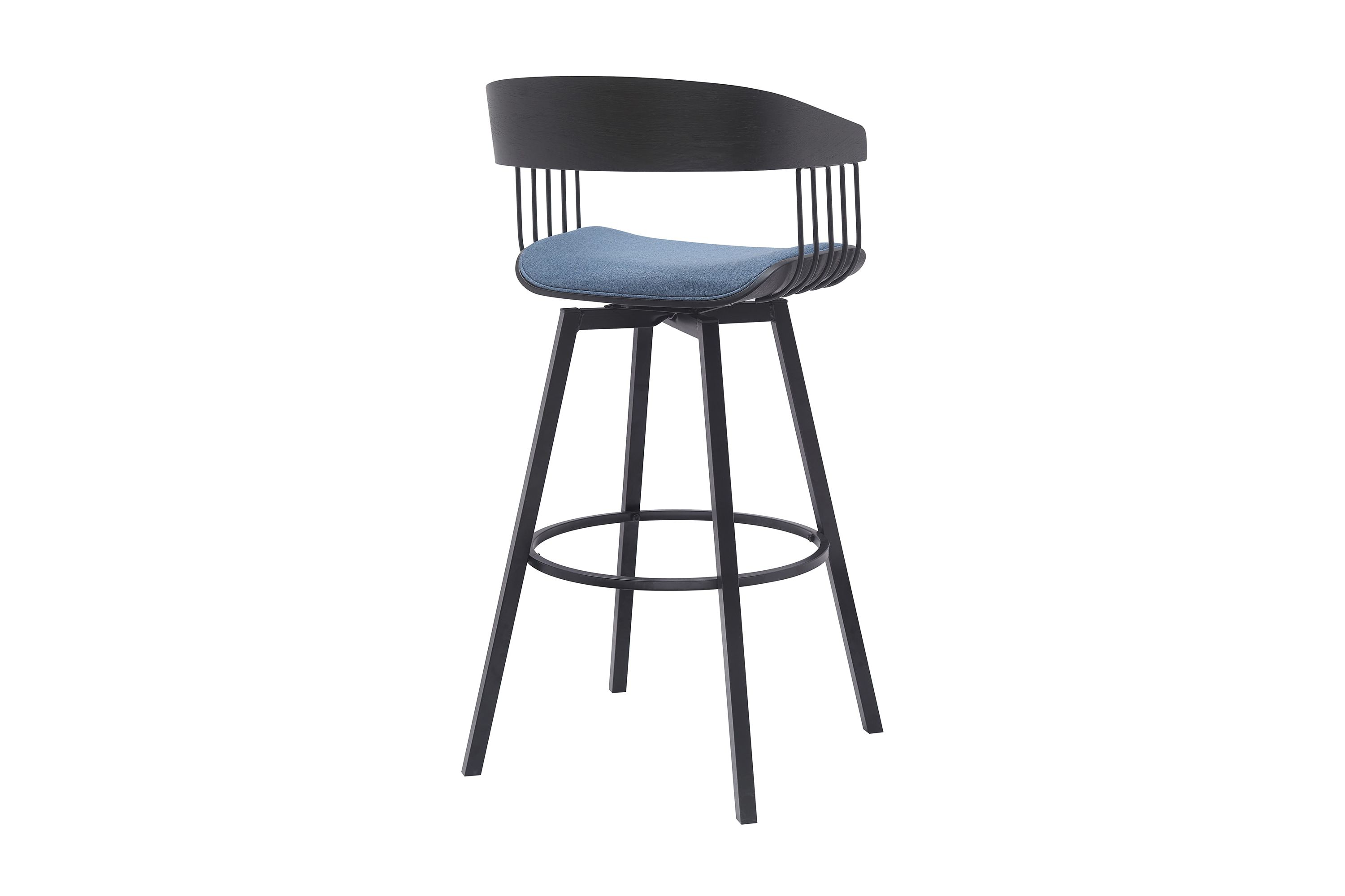 Athena 31" Swivel Black Wood Bar Stool in Blue Fabric with Black Metal