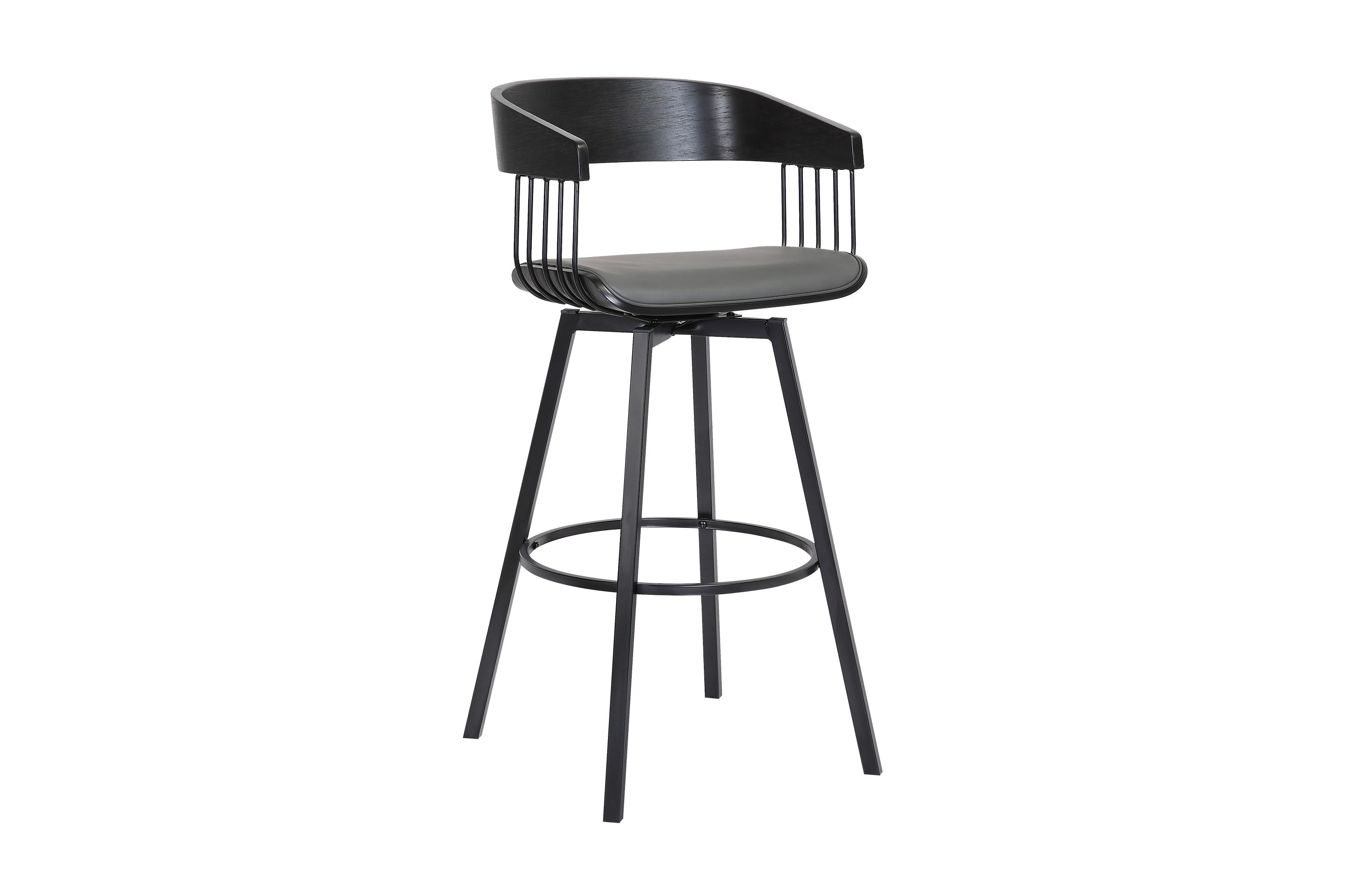Athena 31" Swivel Black Wood Bar Stool in Gray Faux Leather with Black Metal