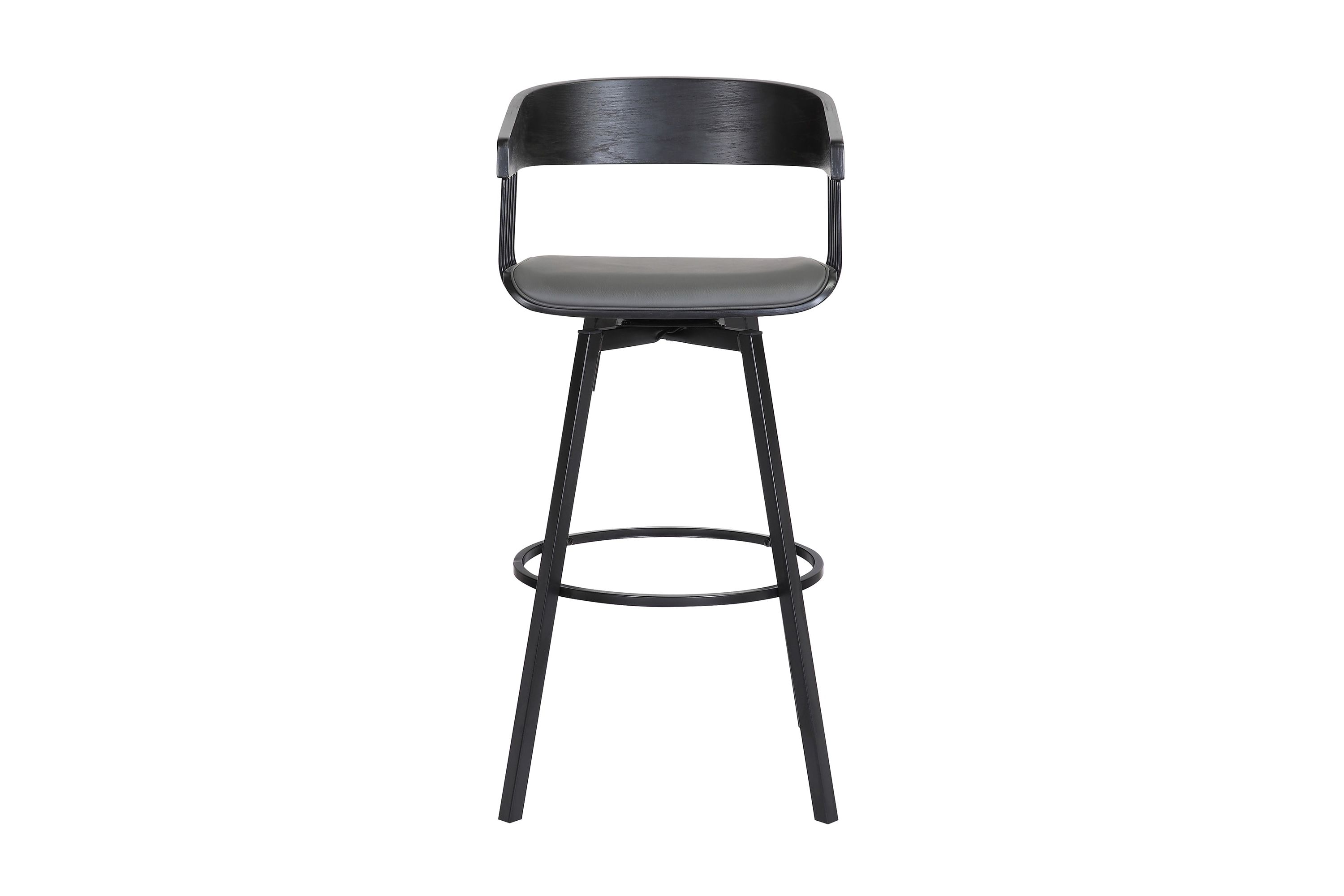 Athena 31" Swivel Black Wood Bar Stool in Gray Faux Leather with Black Metal