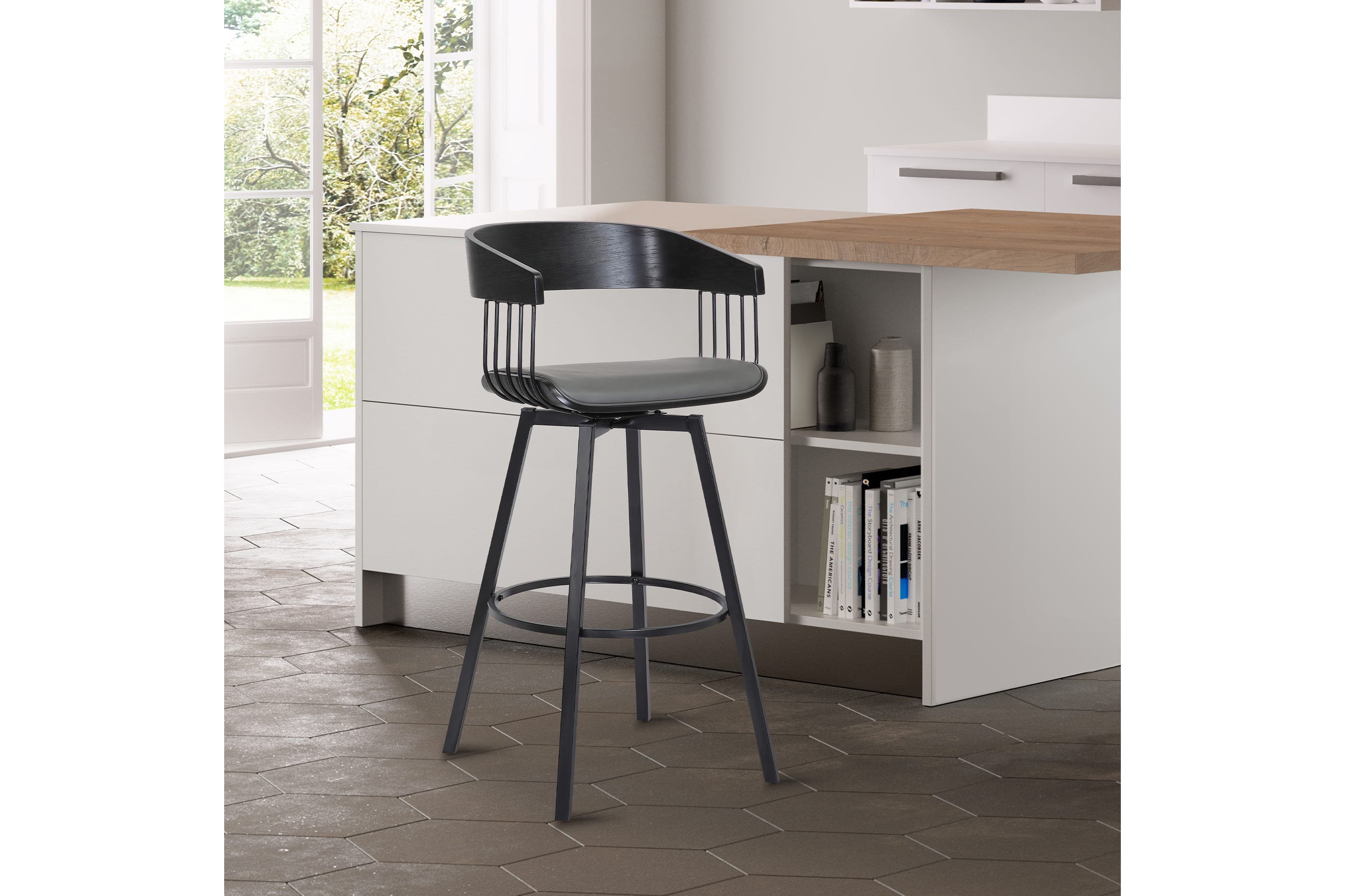 Athena 31" Swivel Black Wood Bar Stool in Gray Faux Leather with Black Metal