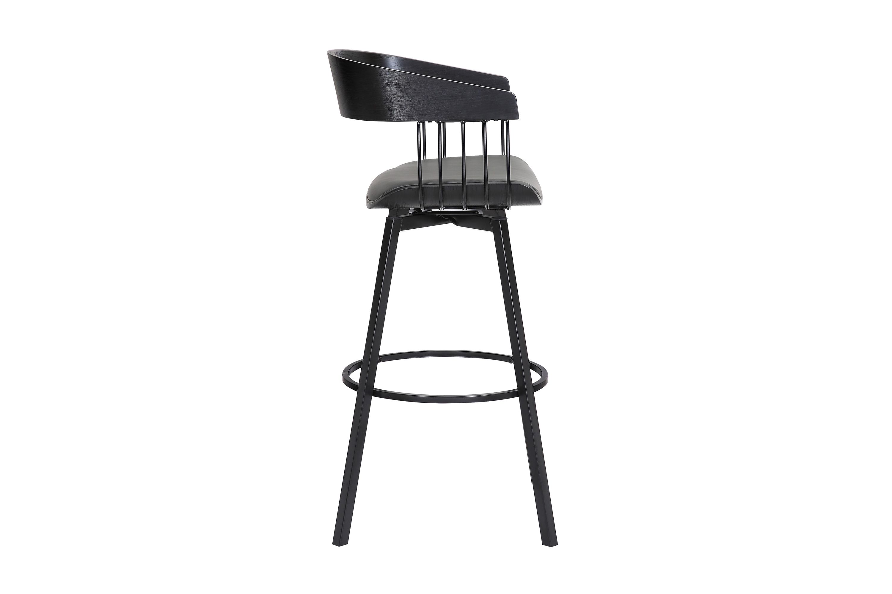 Athena 31" Swivel Black Wood Bar Stool in Gray Faux Leather with Black Metal