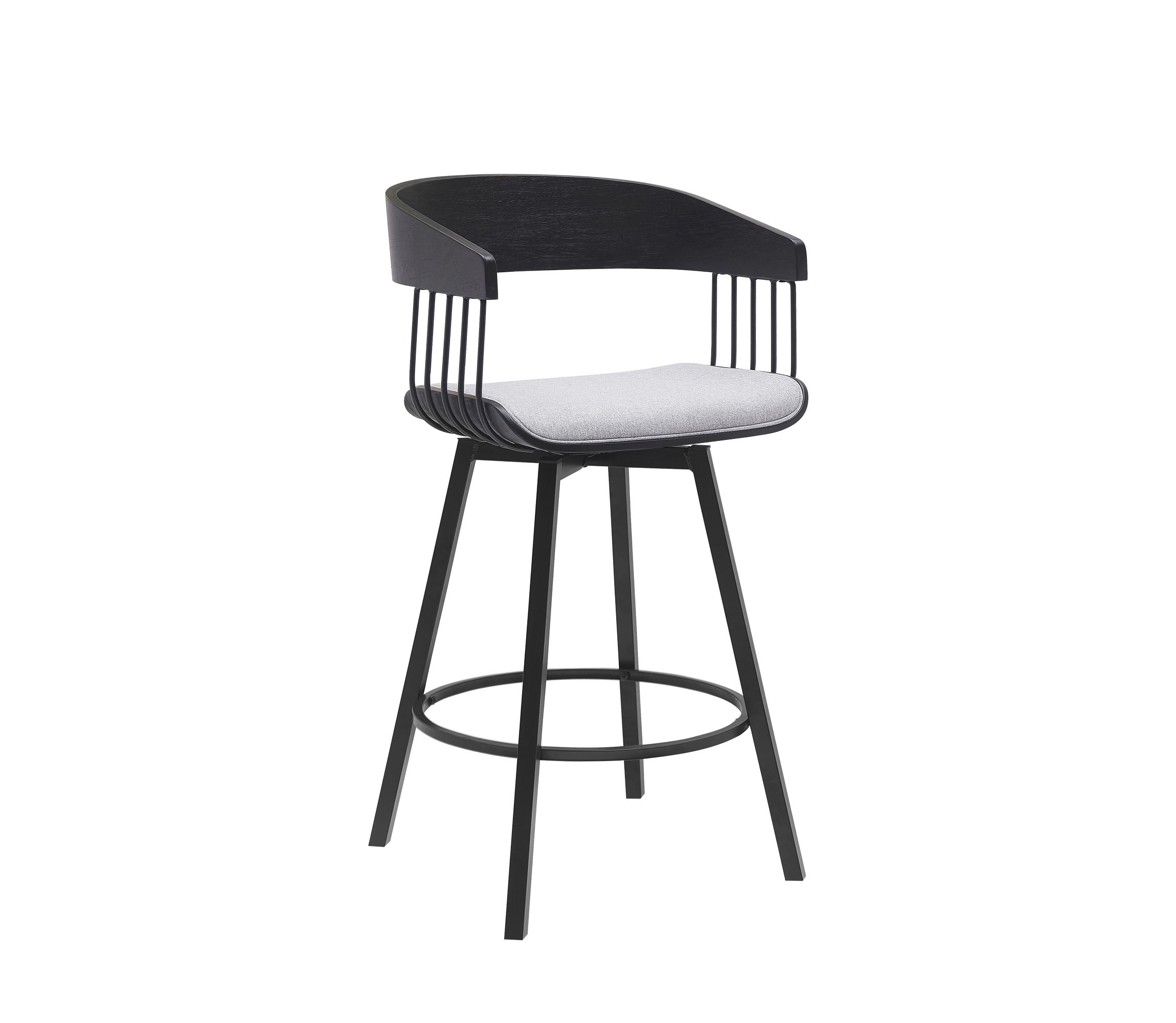 Athena 27" Swivel Black Wood Counter Stool in Light Gray Fabric with Black Metal