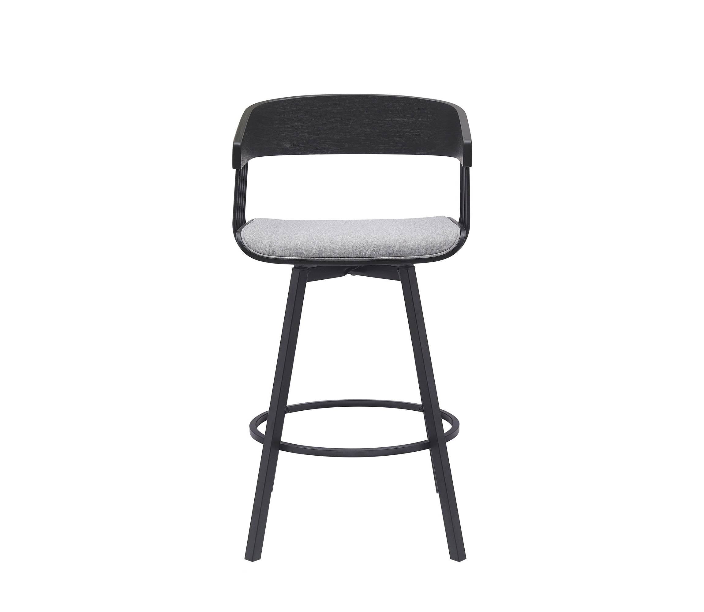 Athena 27" Swivel Black Wood Counter Stool in Light Gray Fabric with Black Metal