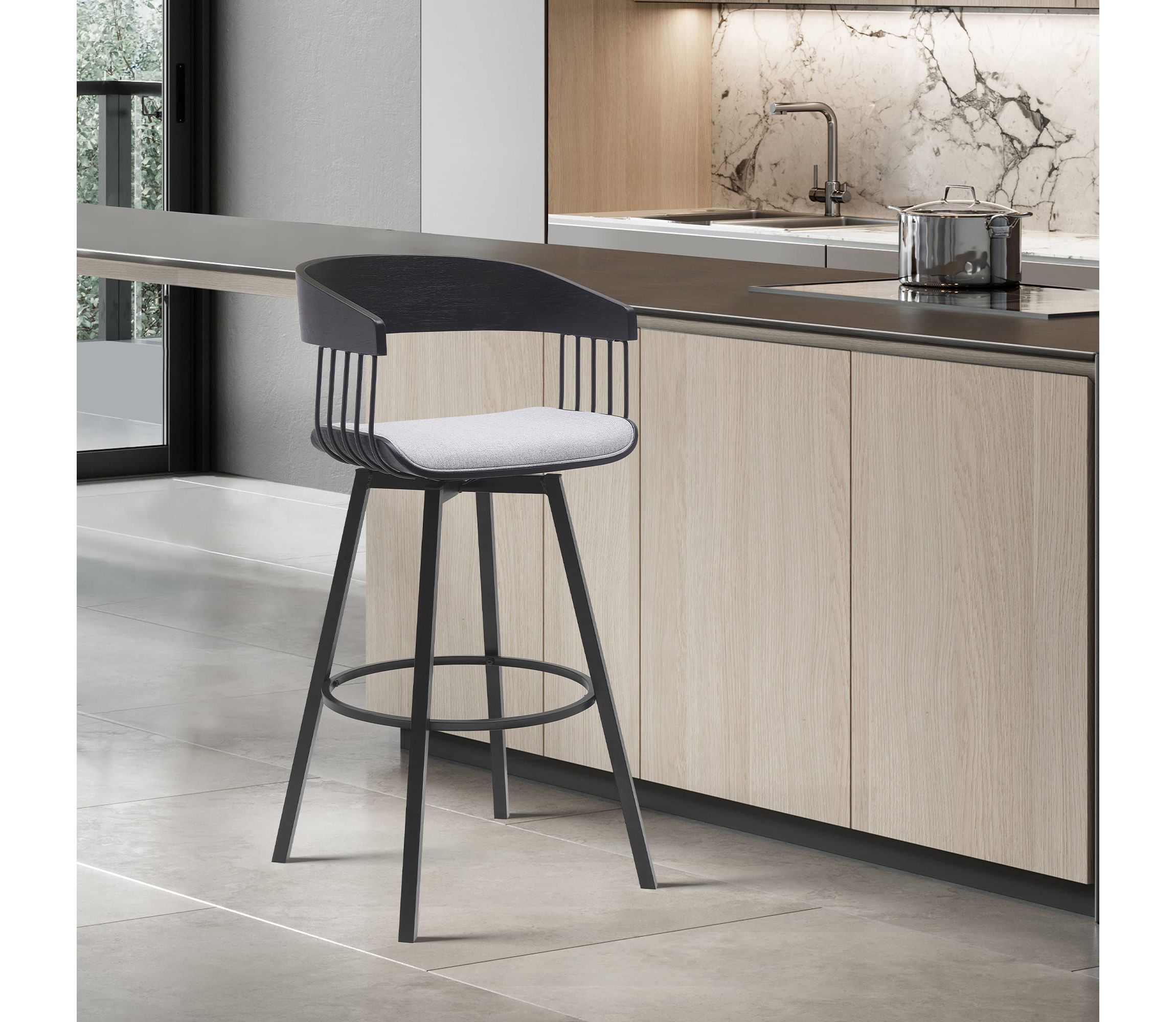 Athena 27" Swivel Black Wood Counter Stool in Light Gray Fabric with Black Metal