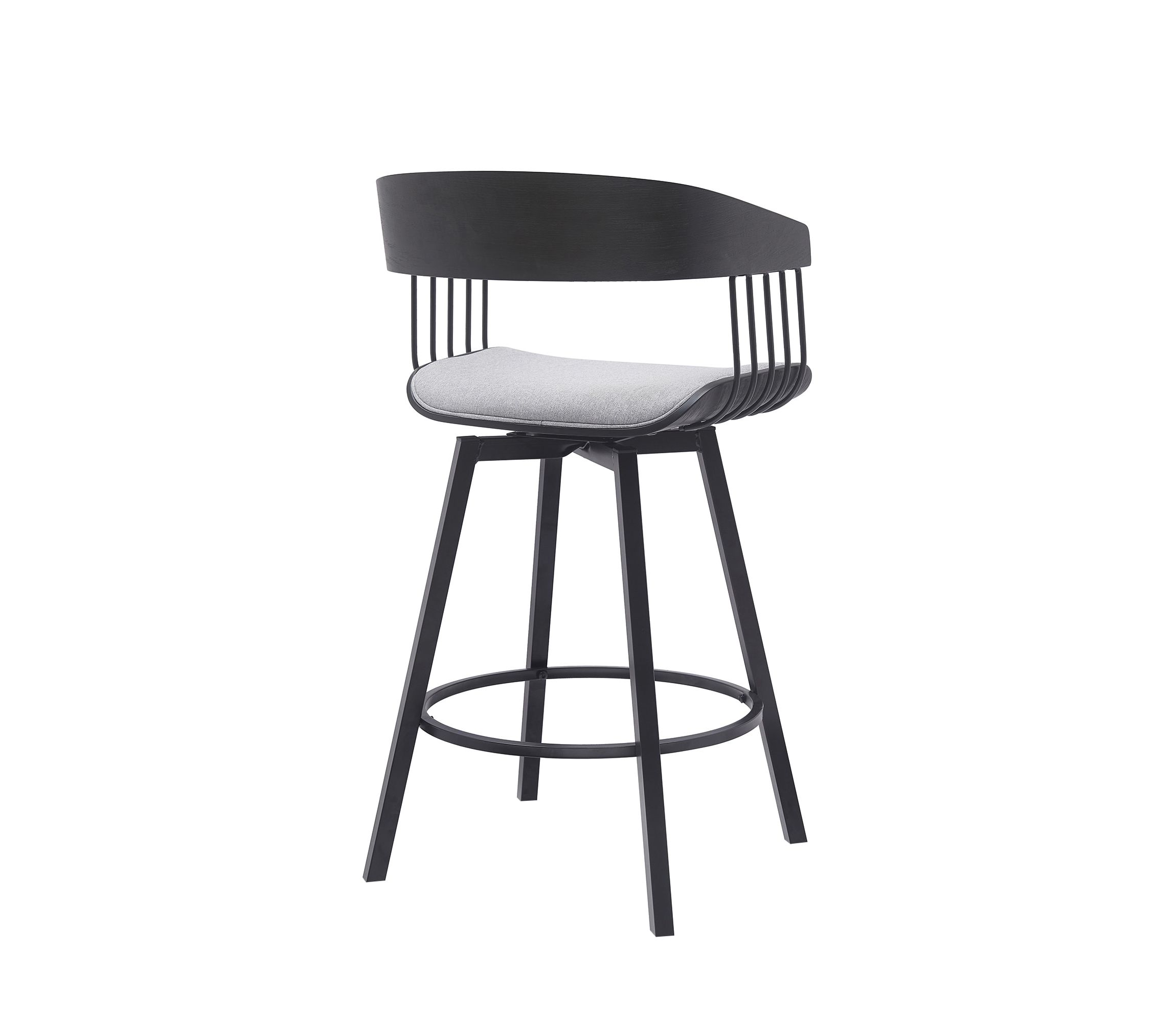 Athena 27" Swivel Black Wood Counter Stool in Light Gray Fabric with Black Metal