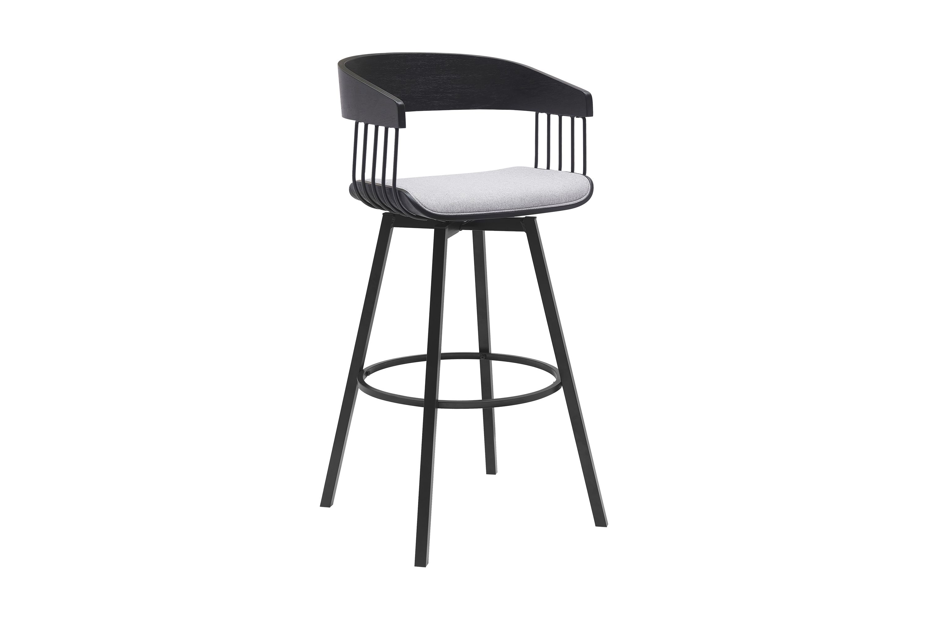 Athena 31" Swivel Black Wood Bar Stool in Light Gray Fabric with Black Metal