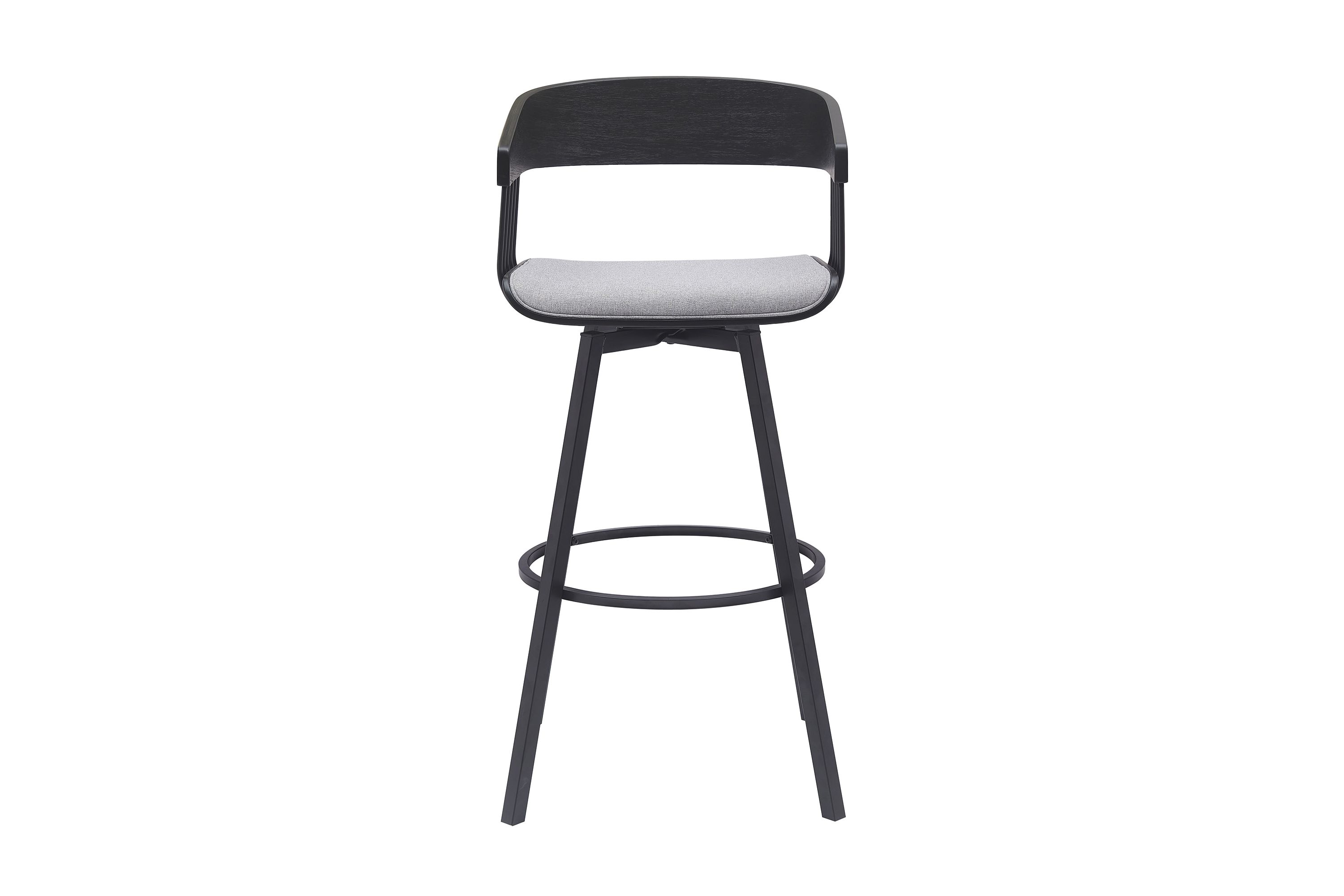 Athena 31" Swivel Black Wood Bar Stool in Light Gray Fabric with Black Metal