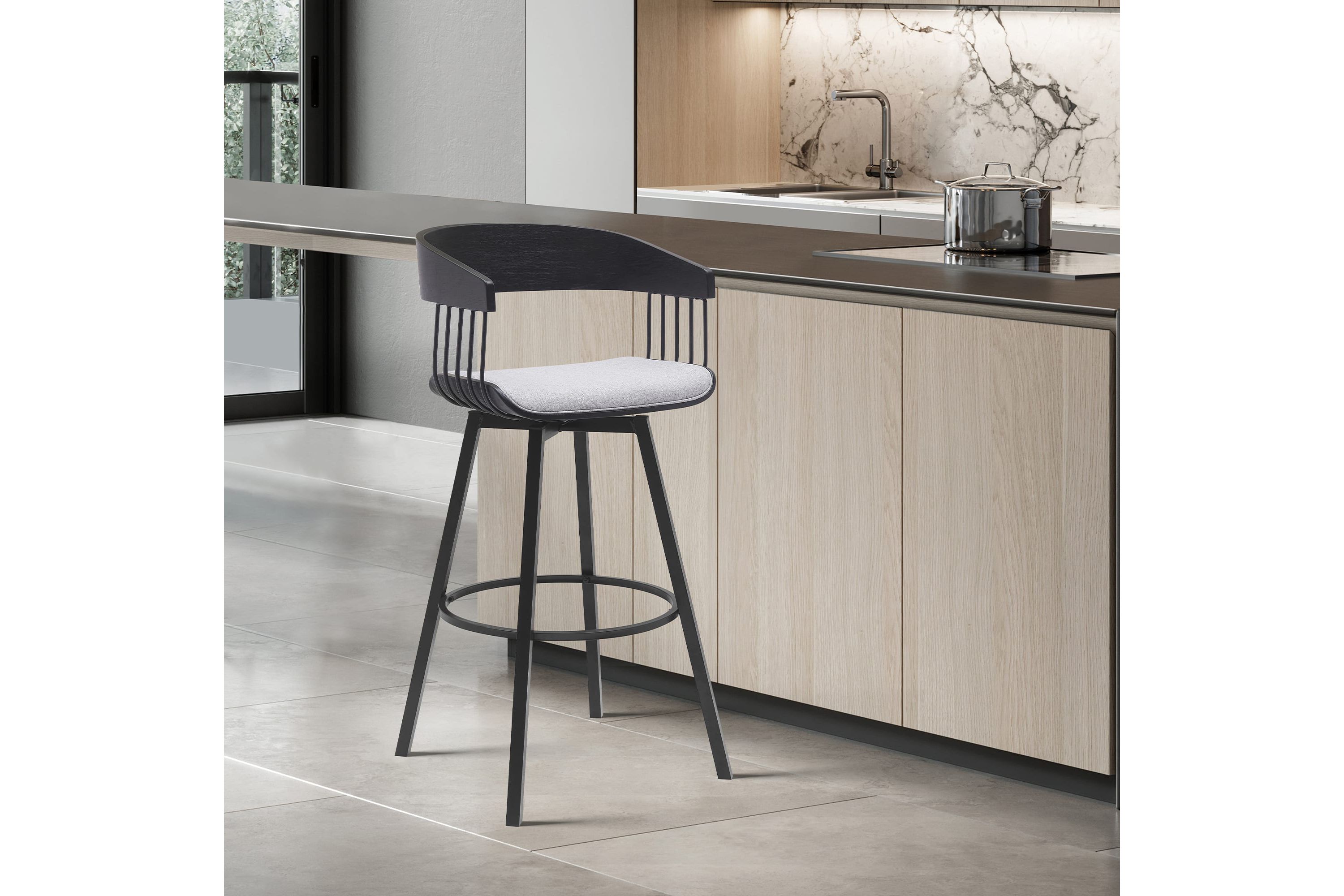 Athena 31" Swivel Black Wood Bar Stool in Light Gray Fabric with Black Metal
