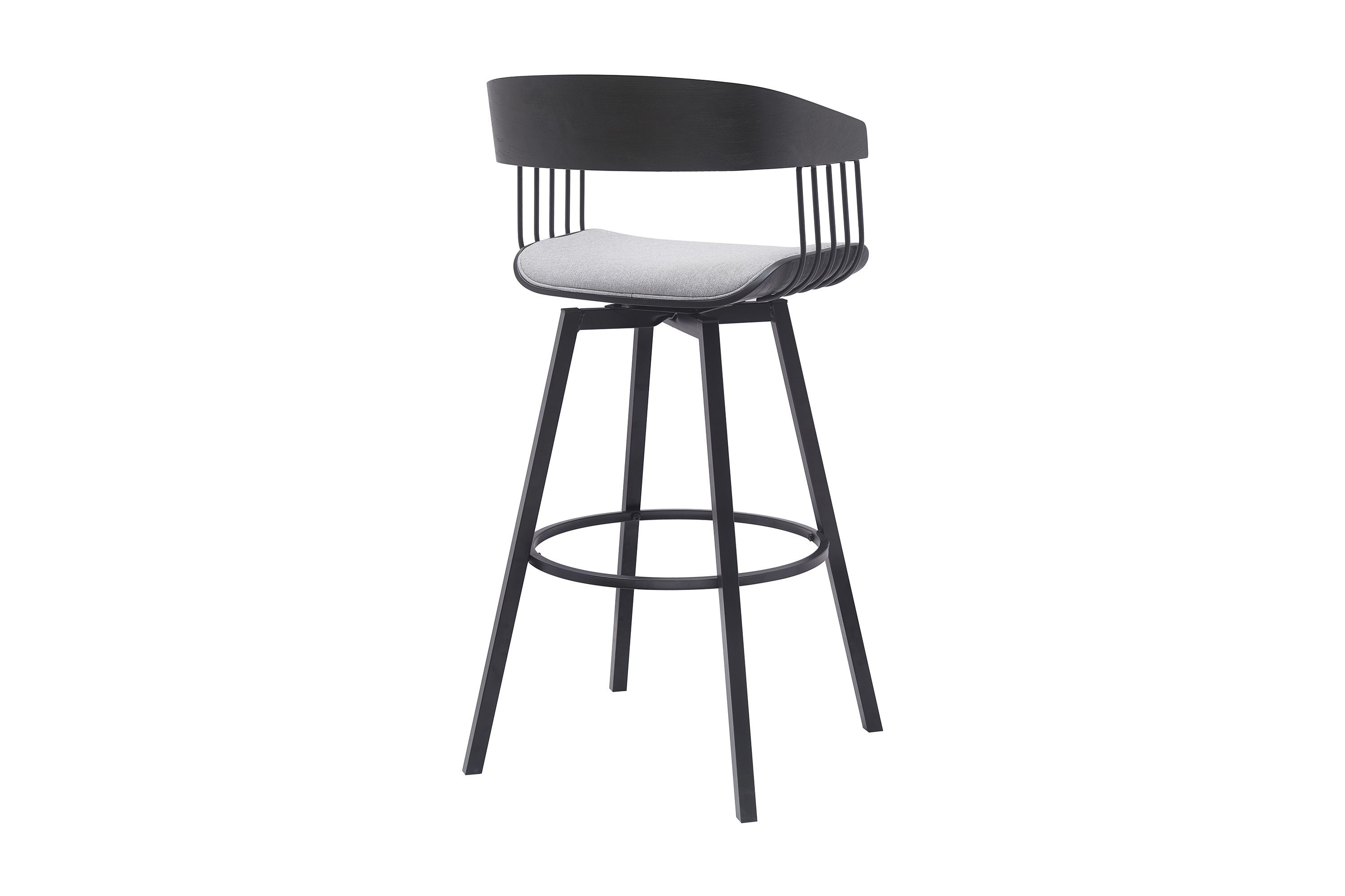 Athena 31" Swivel Black Wood Bar Stool in Light Gray Fabric with Black Metal