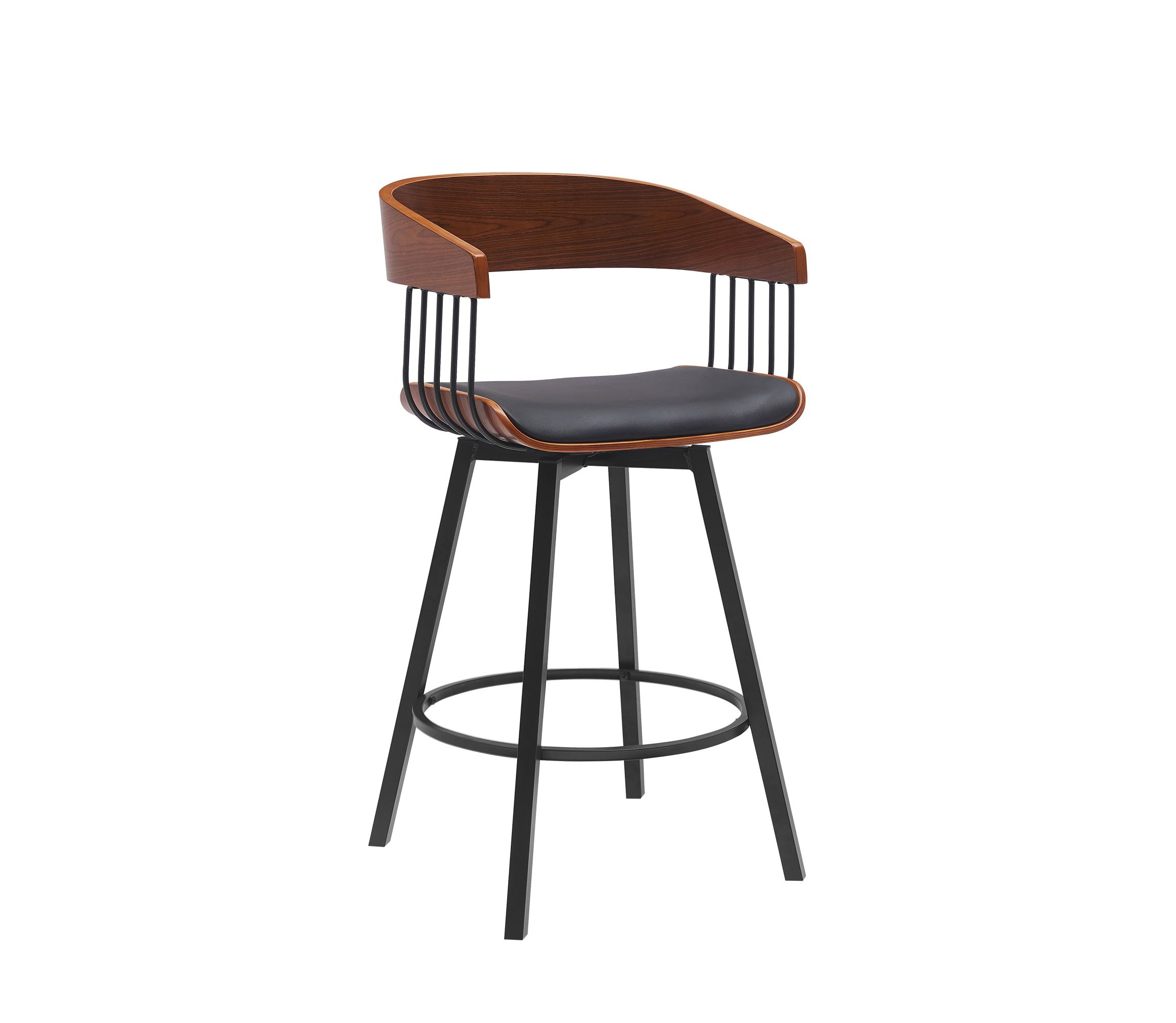 Athena 27" Swivel Walnut Wood Counter Stool in Black Faux Leather with Black Metal