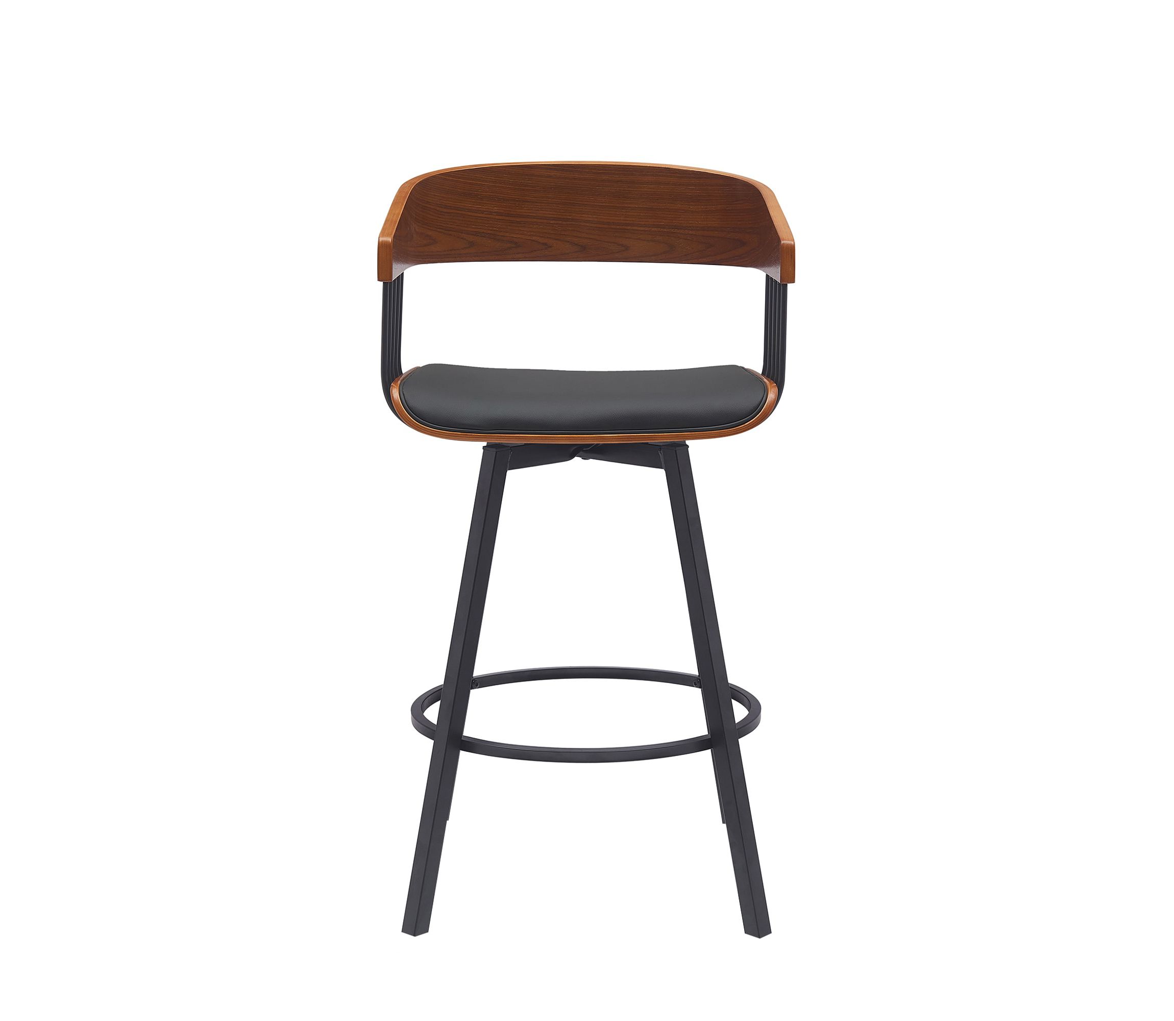 Athena 27" Swivel Walnut Wood Counter Stool in Black Faux Leather with Black Metal