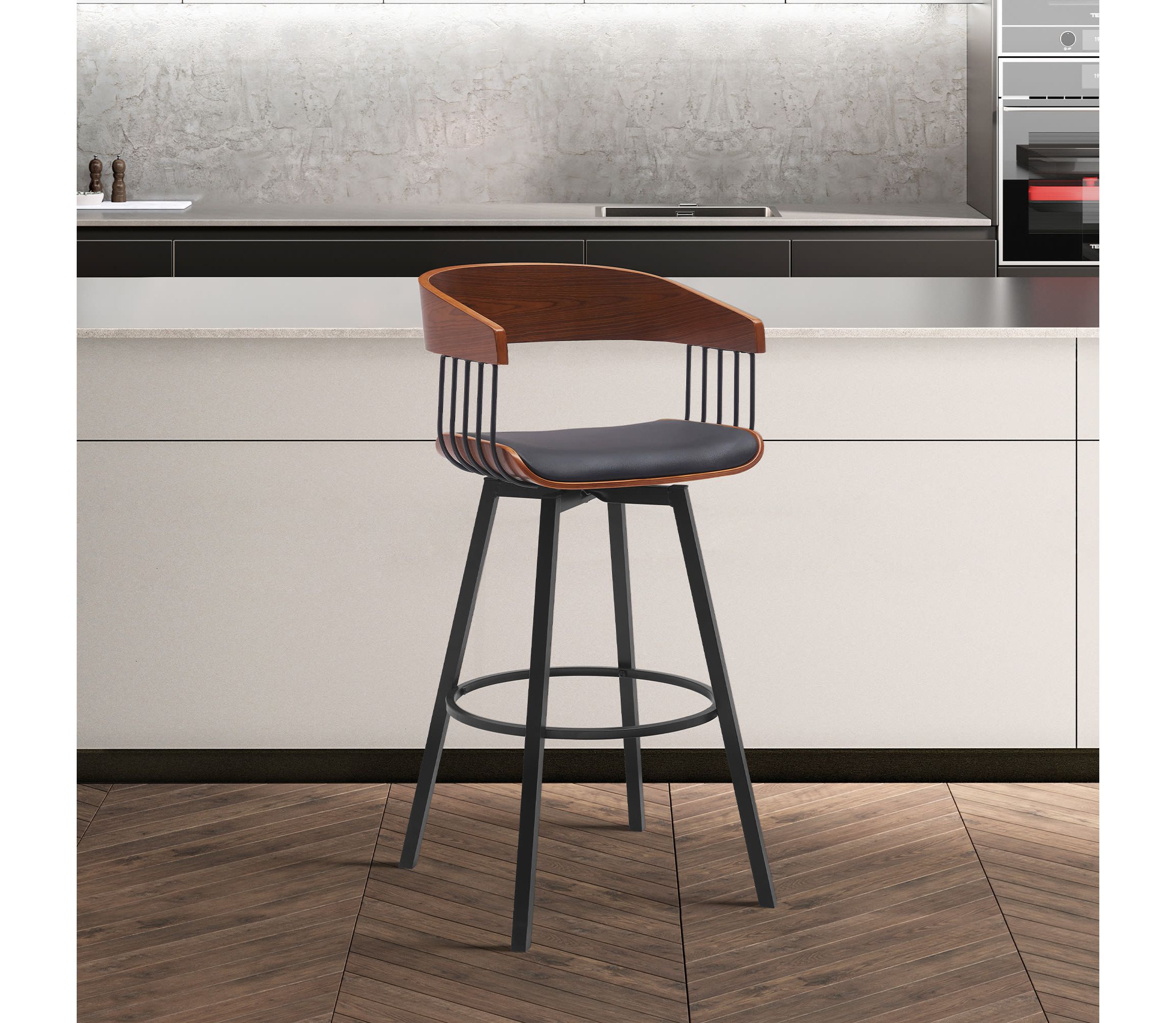 Athena 27" Swivel Walnut Wood Counter Stool in Black Faux Leather with Black Metal
