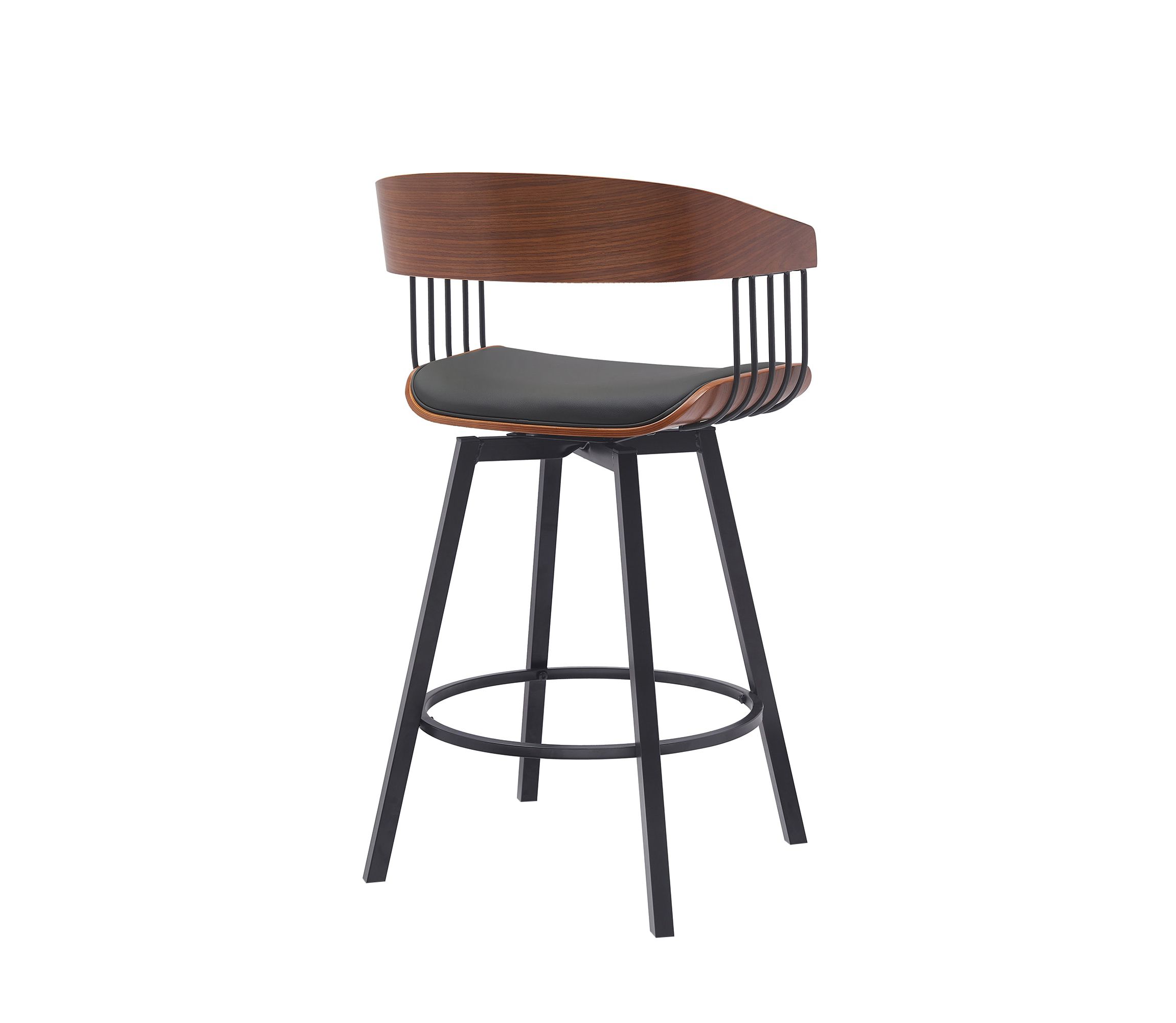 Athena 27" Swivel Walnut Wood Counter Stool in Black Faux Leather with Black Metal