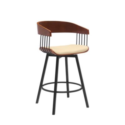 Armen Living Athena 27" Swivel Walnut Wood Counter Stool in Cream Faux Leather with Black Metal, White