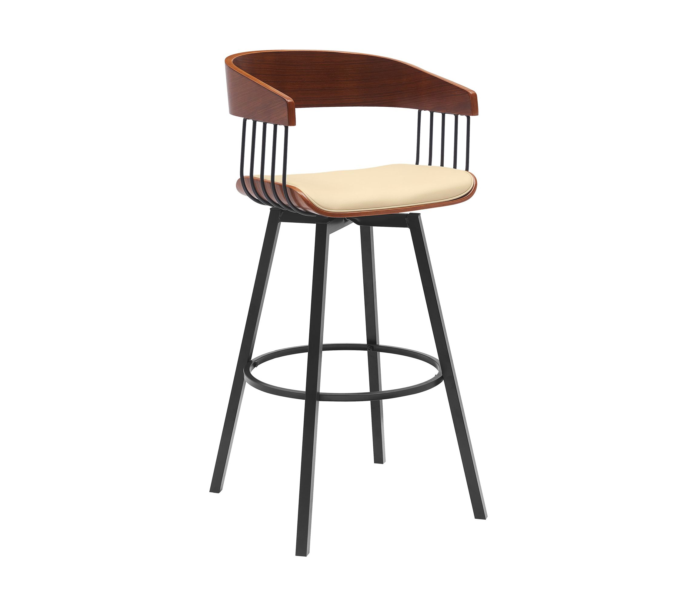 Athena 31" Swivel Walnut Wood Bar Stool in Cream Faux Leather with Black Metal