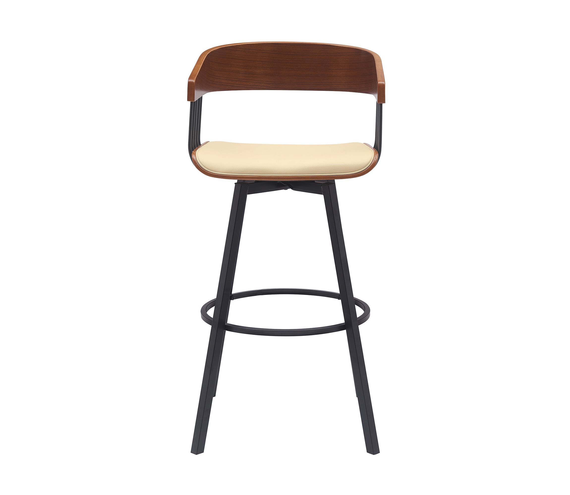 Athena 31" Swivel Walnut Wood Bar Stool in Cream Faux Leather with Black Metal