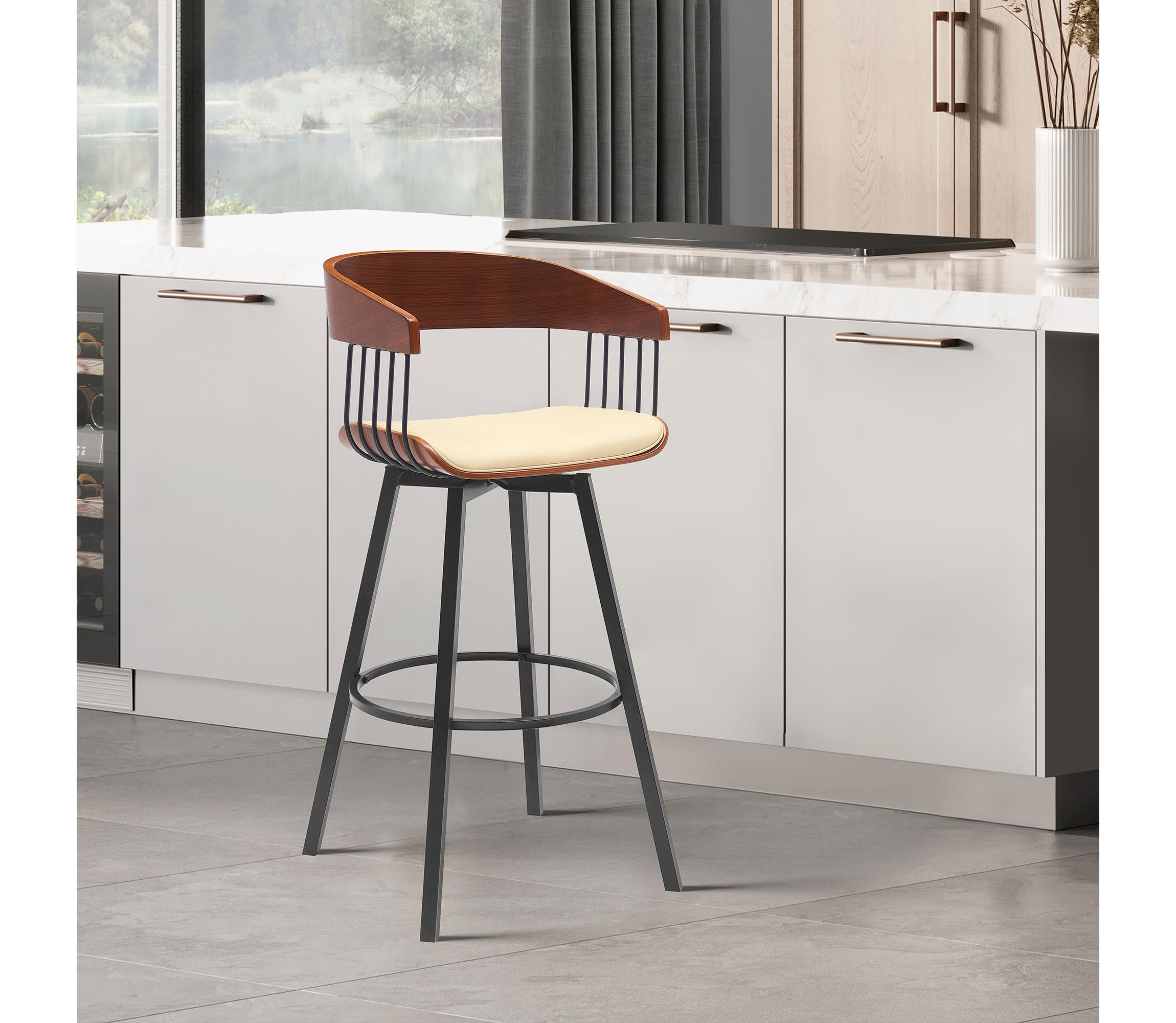 Athena 31" Swivel Walnut Wood Bar Stool in Cream Faux Leather with Black Metal
