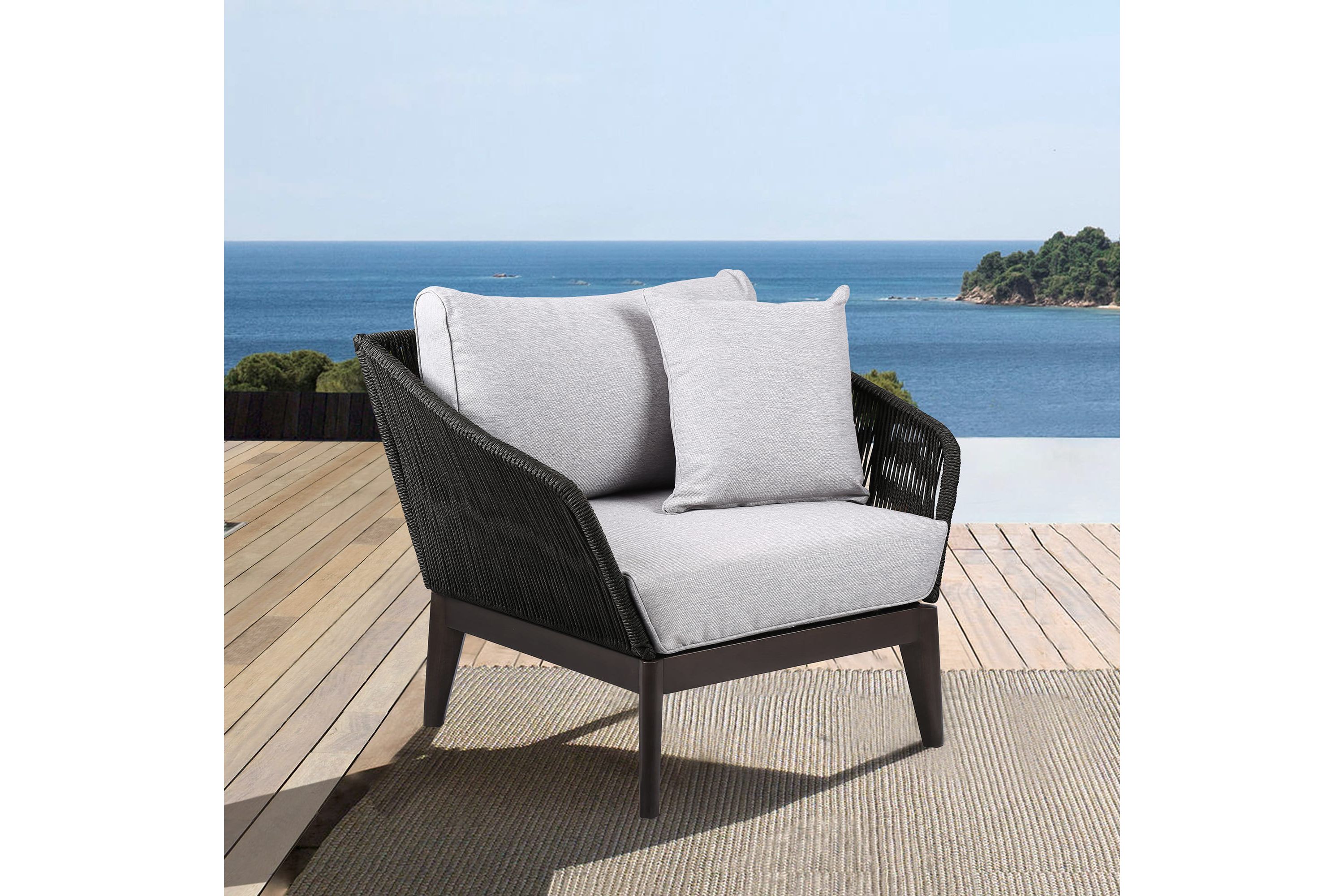 Athos Indoor Outdoor Club Chair in Dark Eucalyptus Wood with Charcoal Rope and Gray Cushions