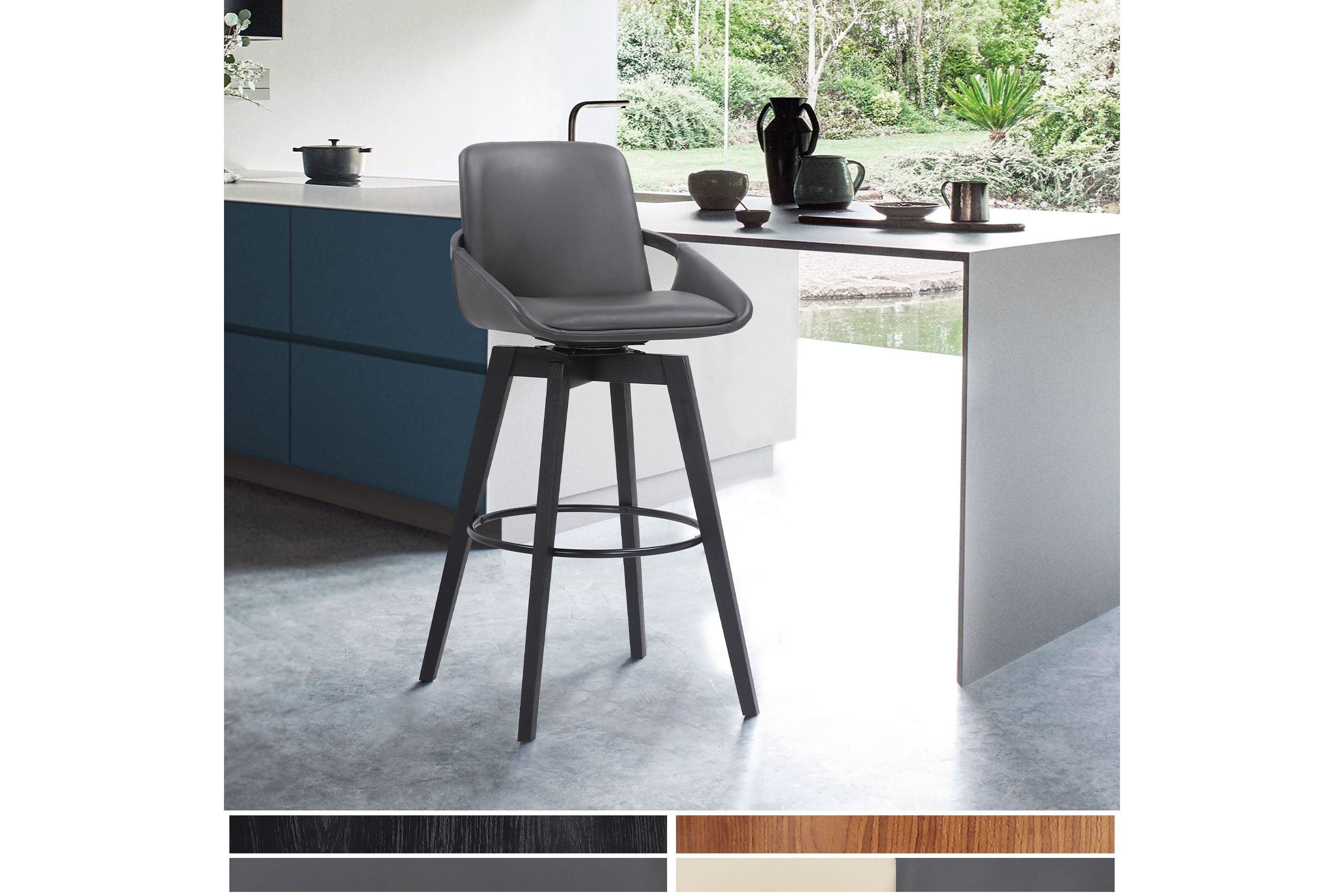 Baylor 30" Gray Faux Leather and Black Wood Swivel Bar Stool