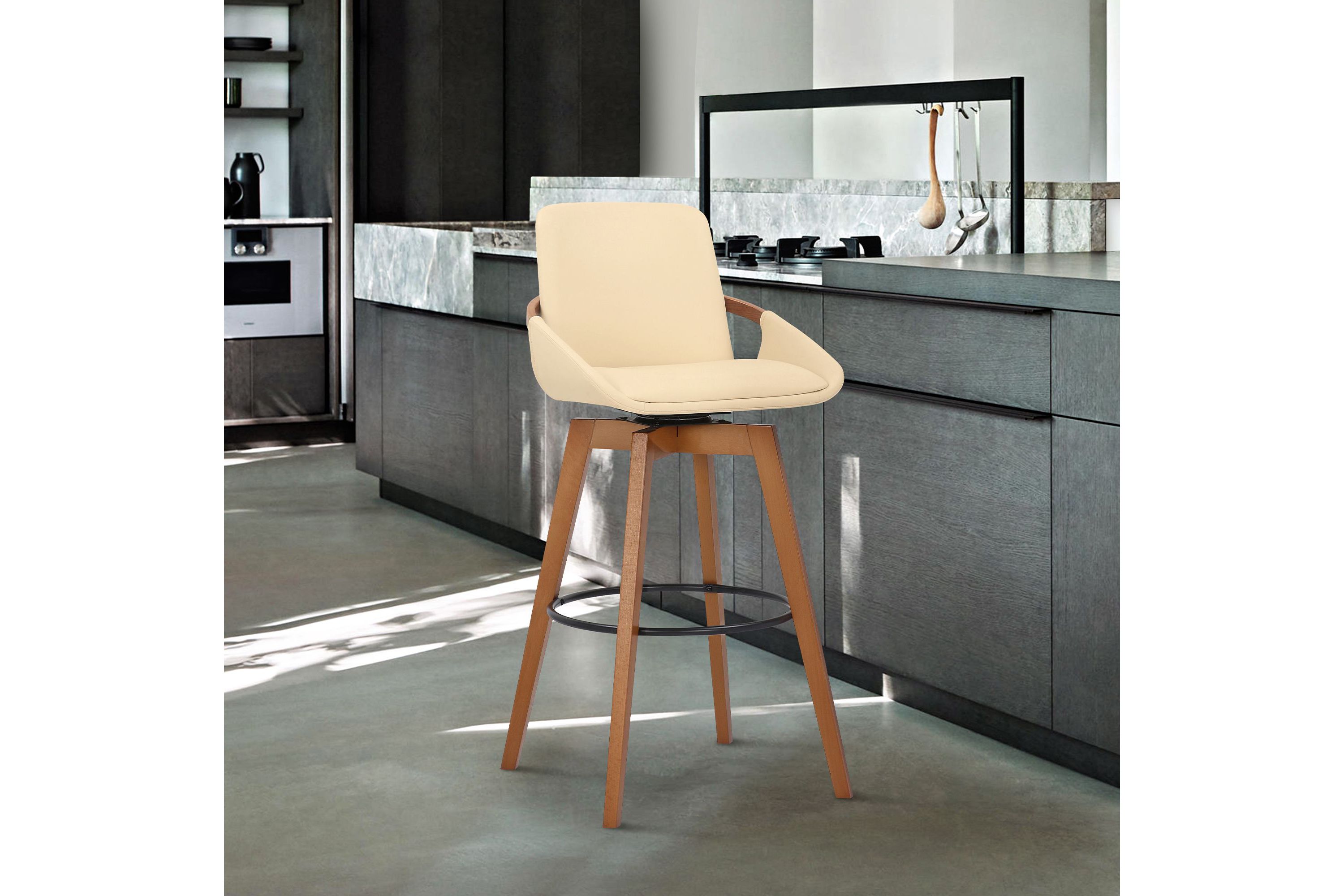 Baylor 30" Cream Faux Leather and Walnut Wood Swivel Bar Stool