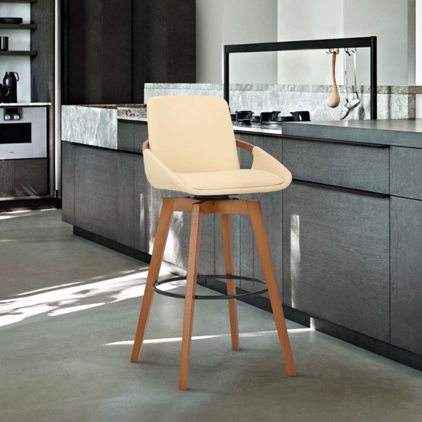 Baylor 30" Cream Faux Leather and Walnut Wood Swivel Bar Stool